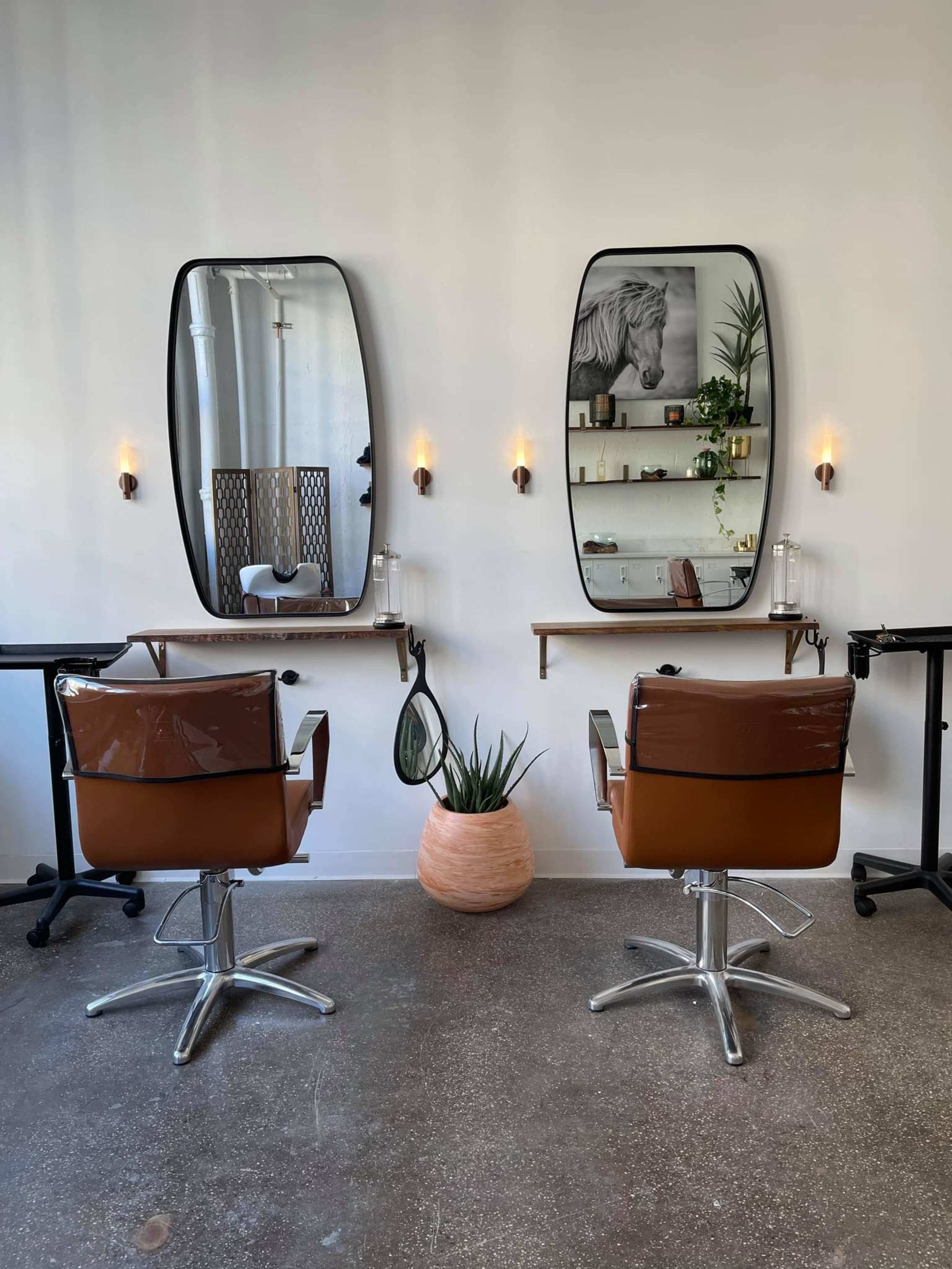 A modern hair salon with two brown chairs facing large mirrors mounted on the wall, and a decorative plant in a pot.