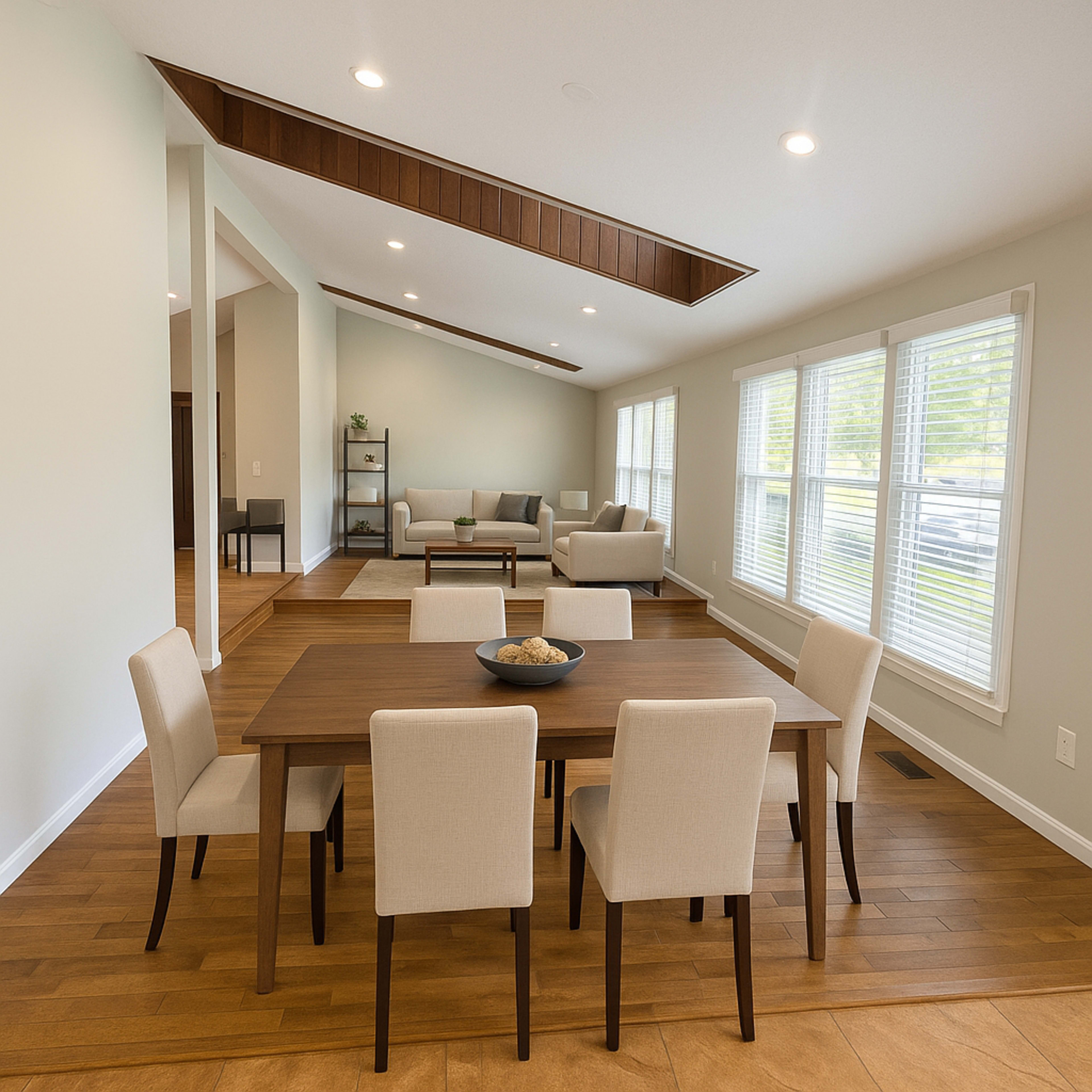 A modern dining area features a wooden table surrounded by six light-colored chairs, set against a backdrop of large windows and a spacious living room.