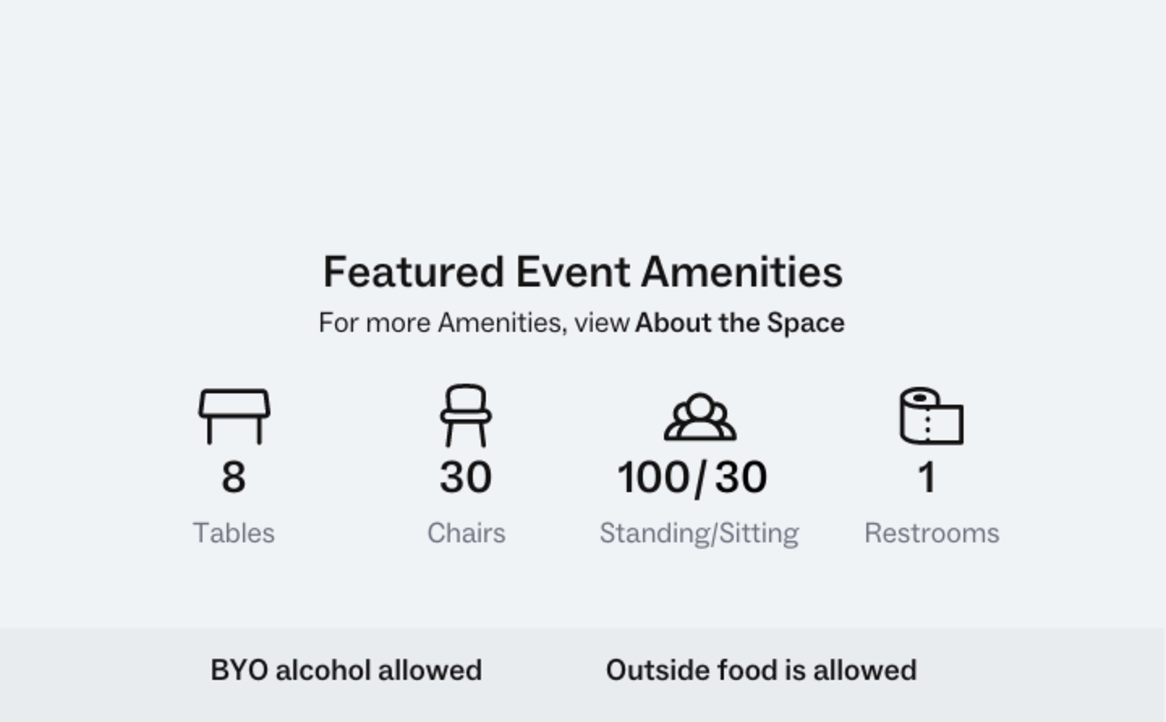 Information about event amenities, including 8 tables, 30 chairs, a capacity for 100 standing or 30 sitting, and 1 restroom, along with notes on permitted alcohol and outside food.