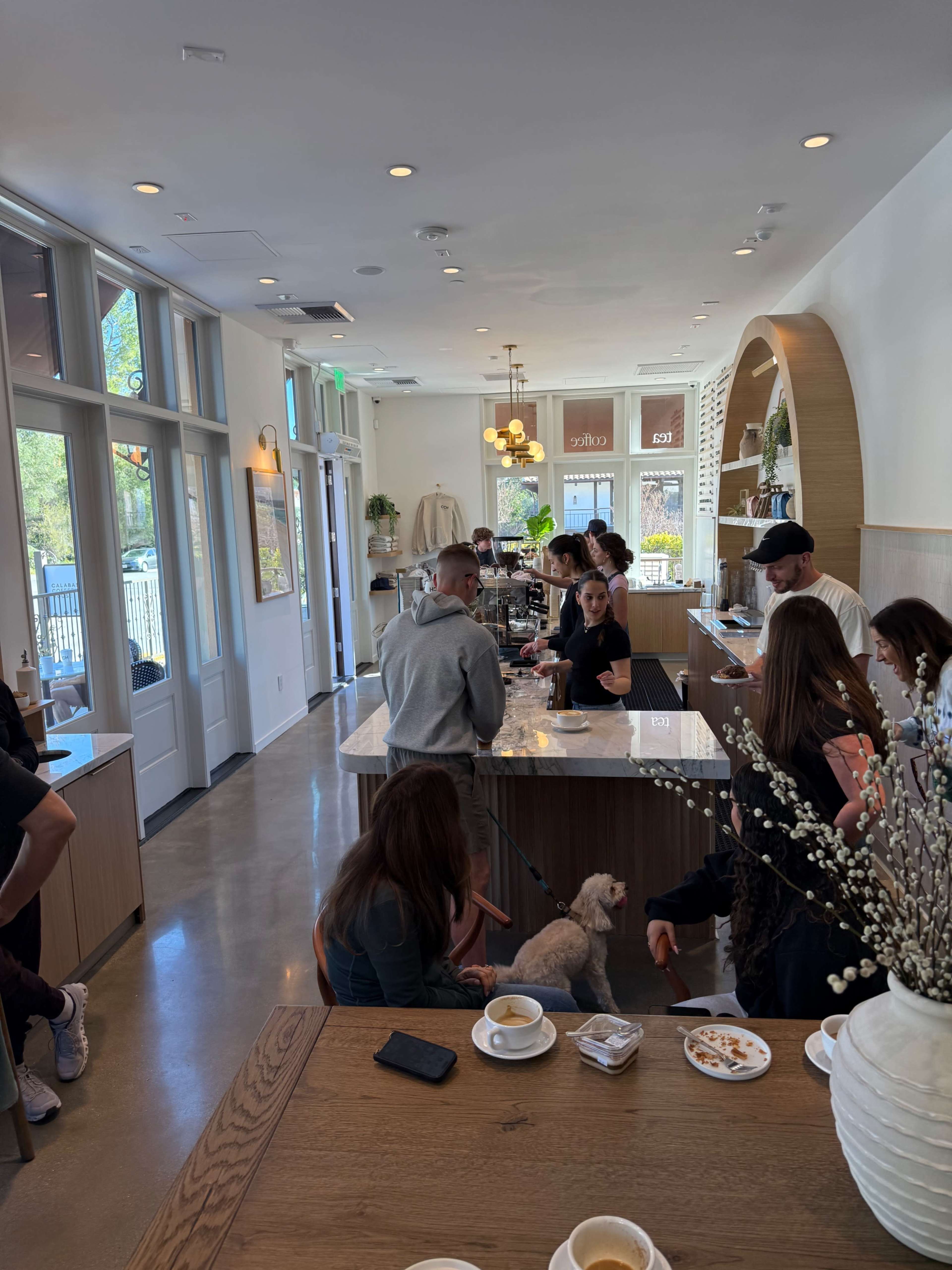 A busy café interior features a barista serving customers at a counter, with patrons seated at tables and a dog on the floor.