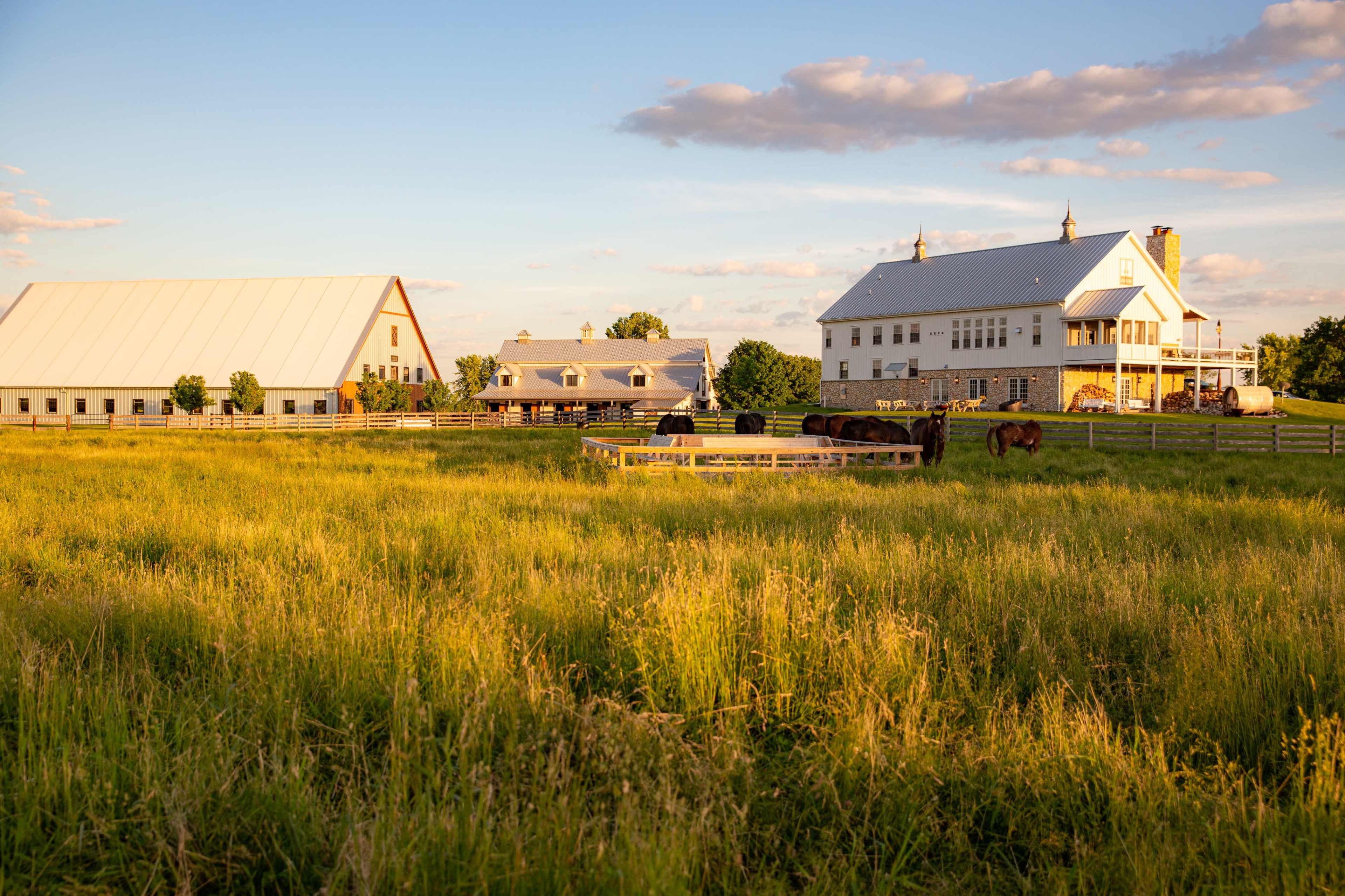 A rural scene features several barns and a large farmhouse surrounded by green grass and grazing horses under a partly cloudy sky.