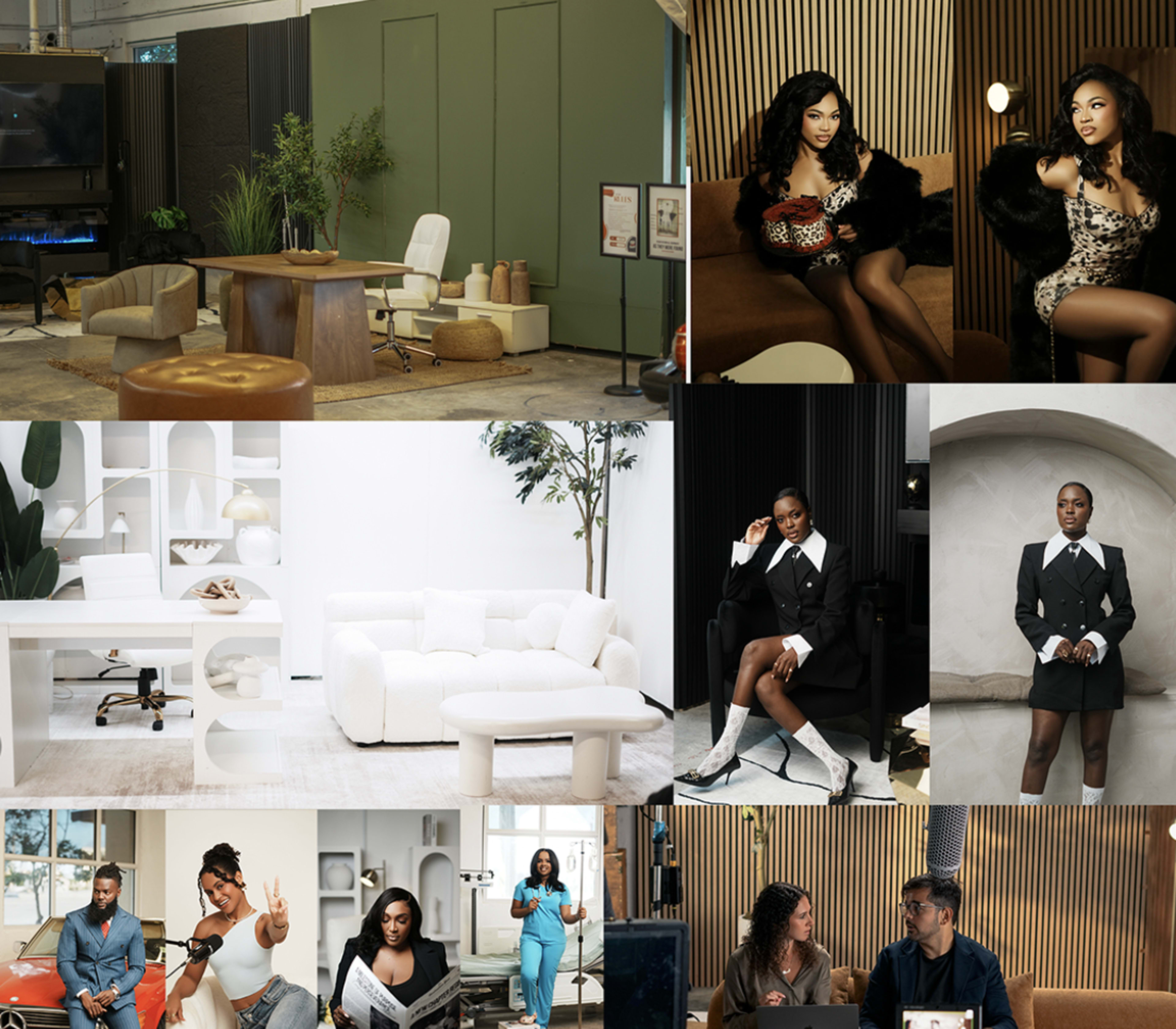 The image features a collage of various modern interior design settings, showcasing stylish furniture arrangements and diverse individuals engaged in different poses and activities.