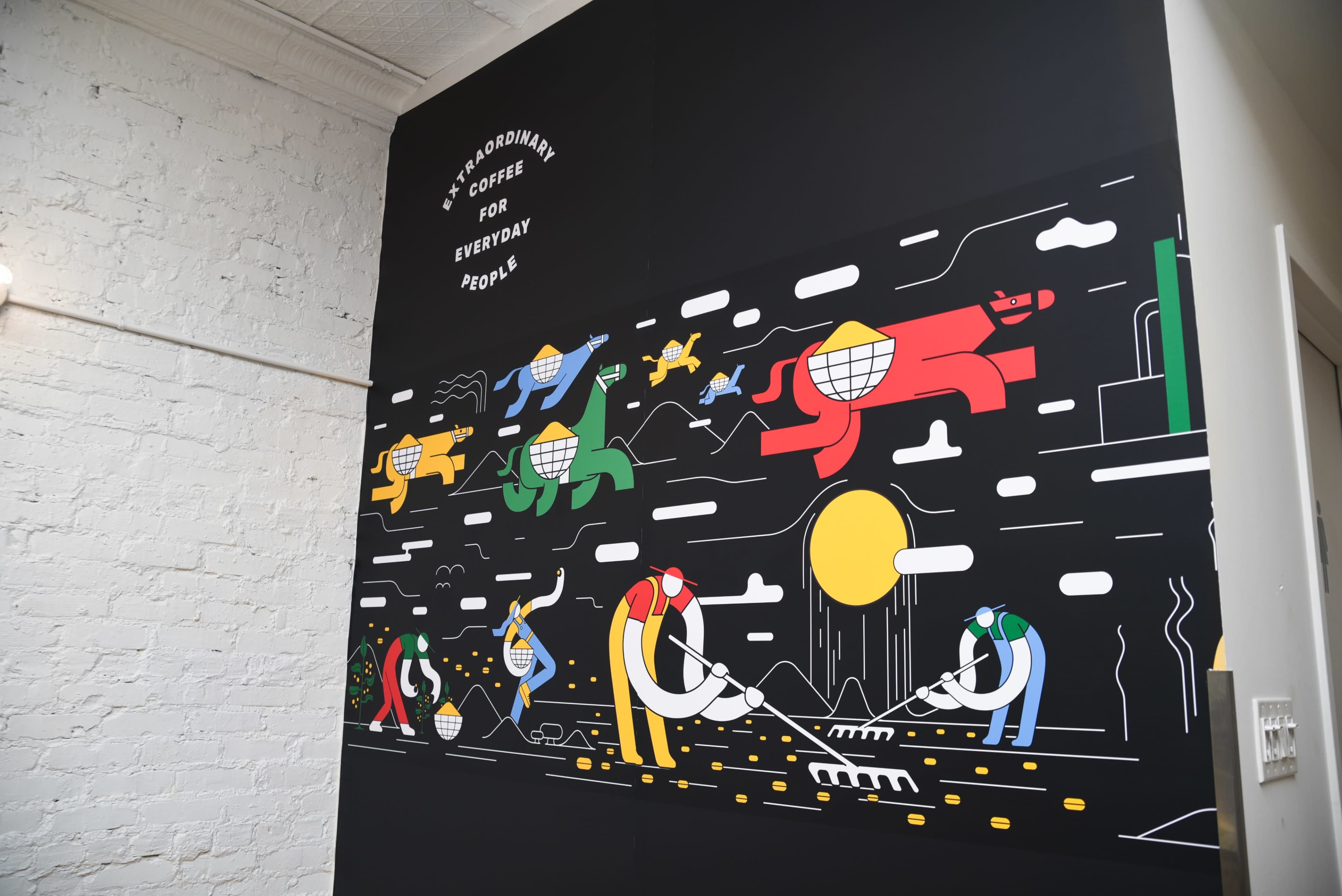 A colorful mural featuring stylized figures engaged in various activities related to coffee production against a black background.