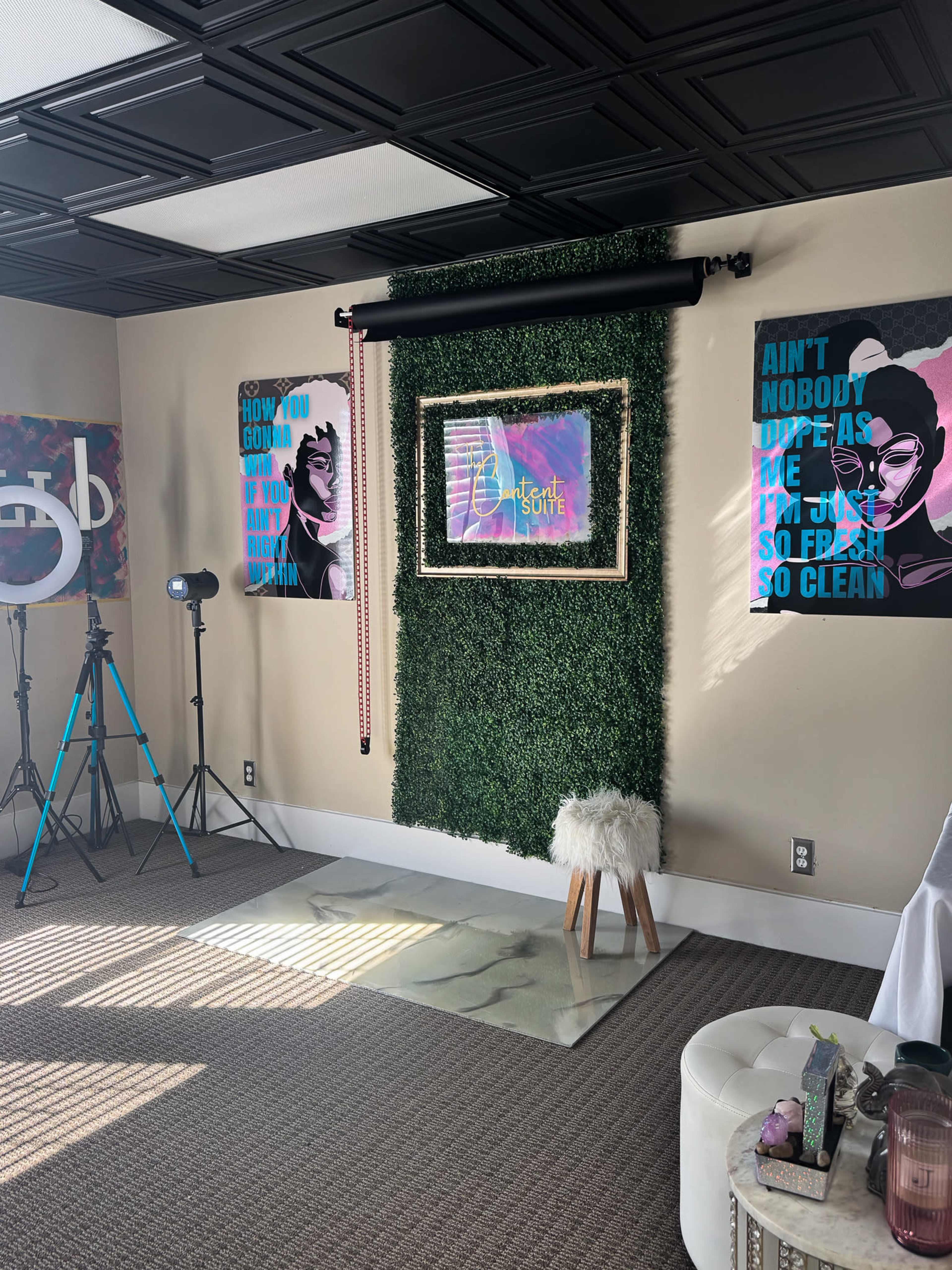 The image shows a stylish room featuring a green wall decoration, two vibrant art pieces, a small white stool, and photography equipment.