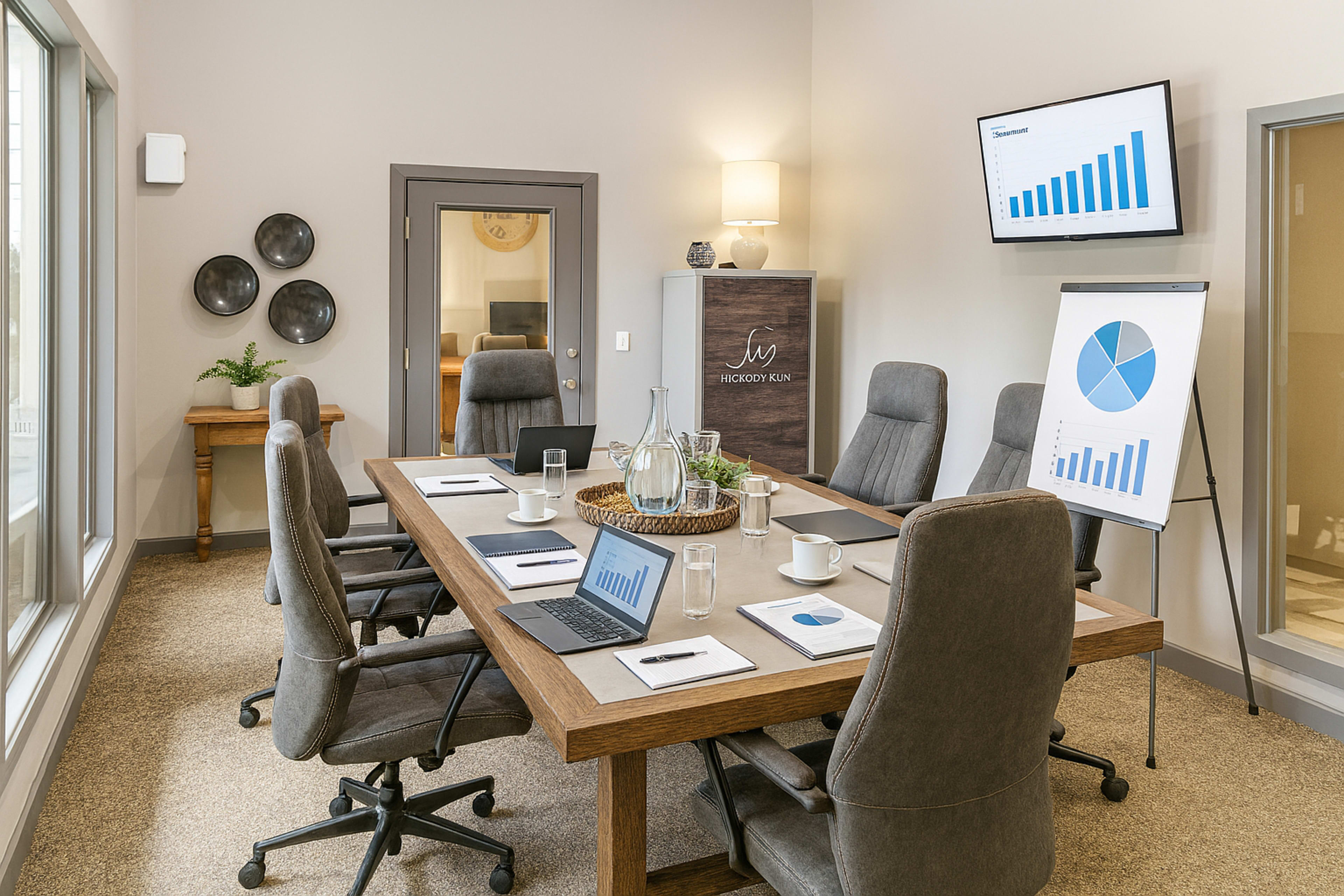 A modern conference room features a large table with ergonomic chairs, presentation materials, and digital displays on the walls.