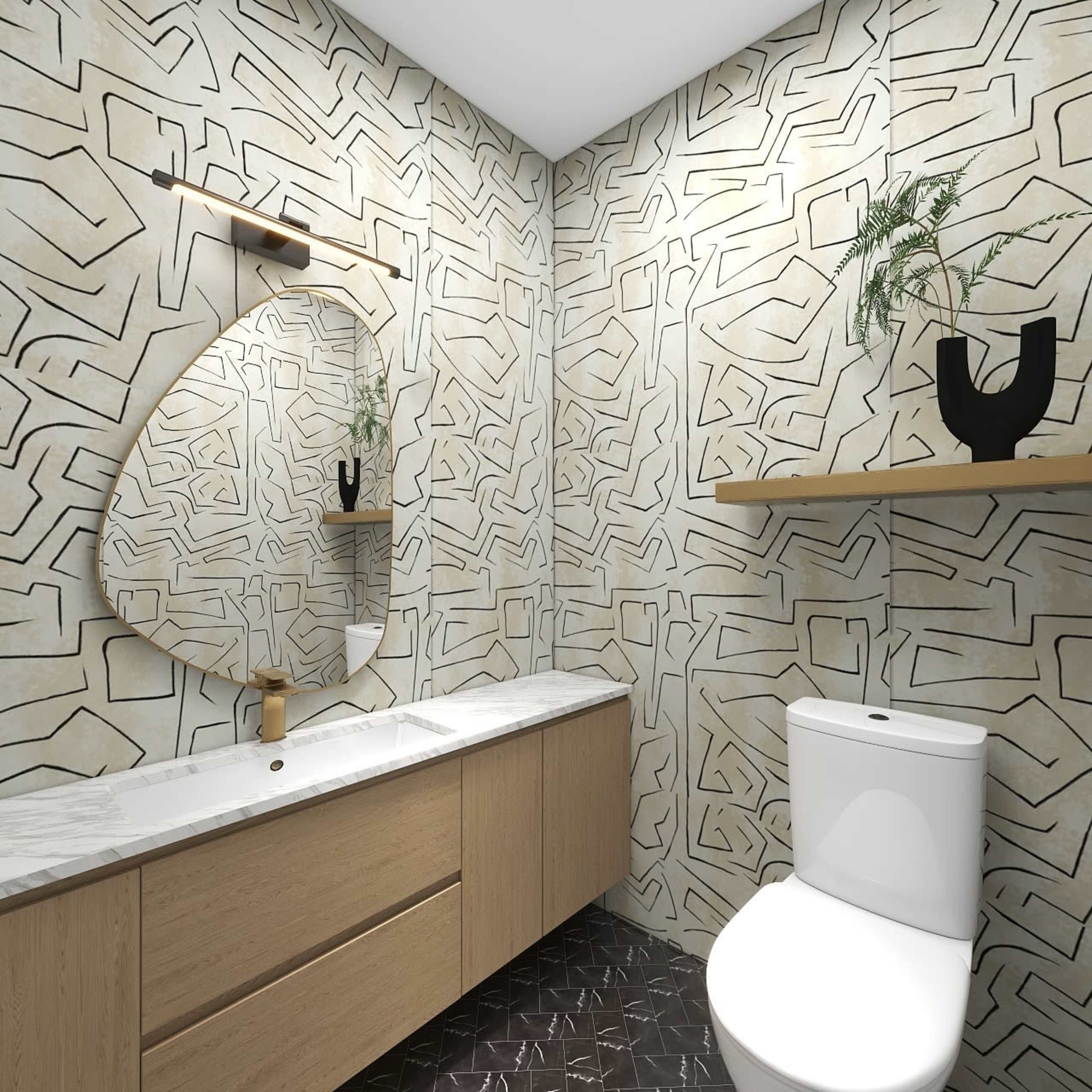 A modern bathroom features a curved mirror above a wooden vanity with a marble top, a wall-mounted shelf displaying a decorative object, and patterned wallpaper.