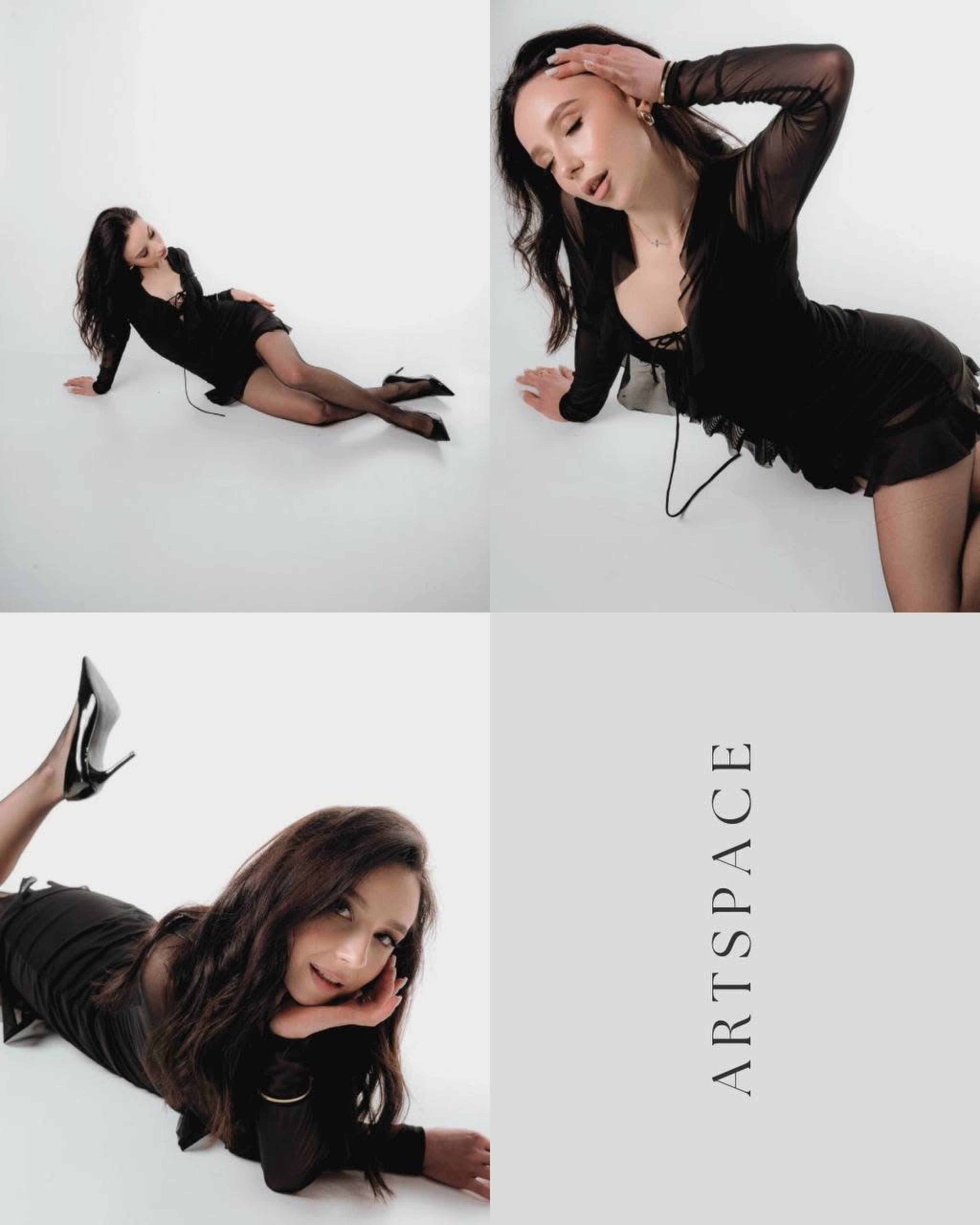 The image features a woman in a black dress and high heels, posed in various positions against a white background.