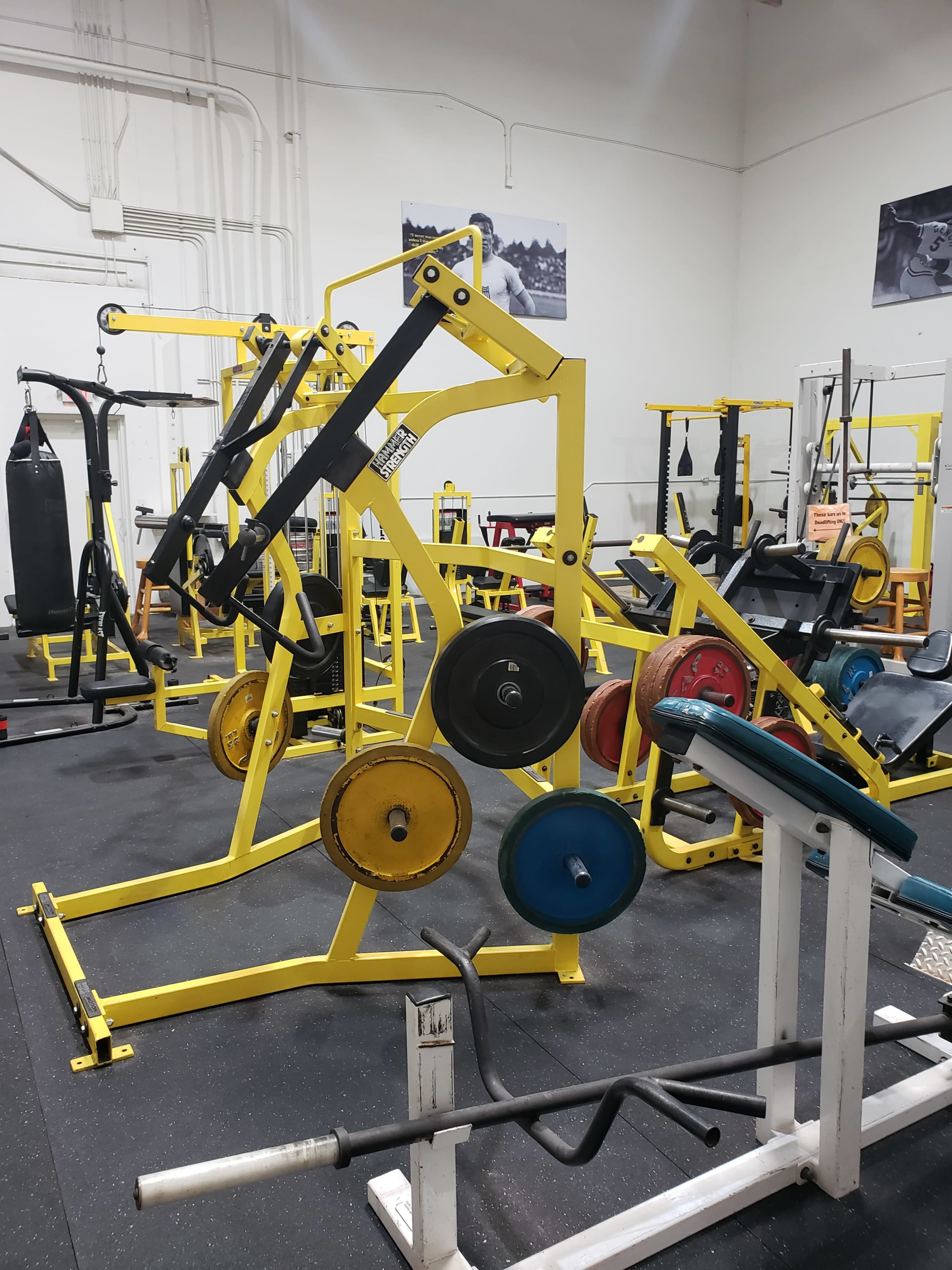 The image shows a gym with various pieces of yellow weightlifting equipment and workout benches arranged on a black, rubber floor.