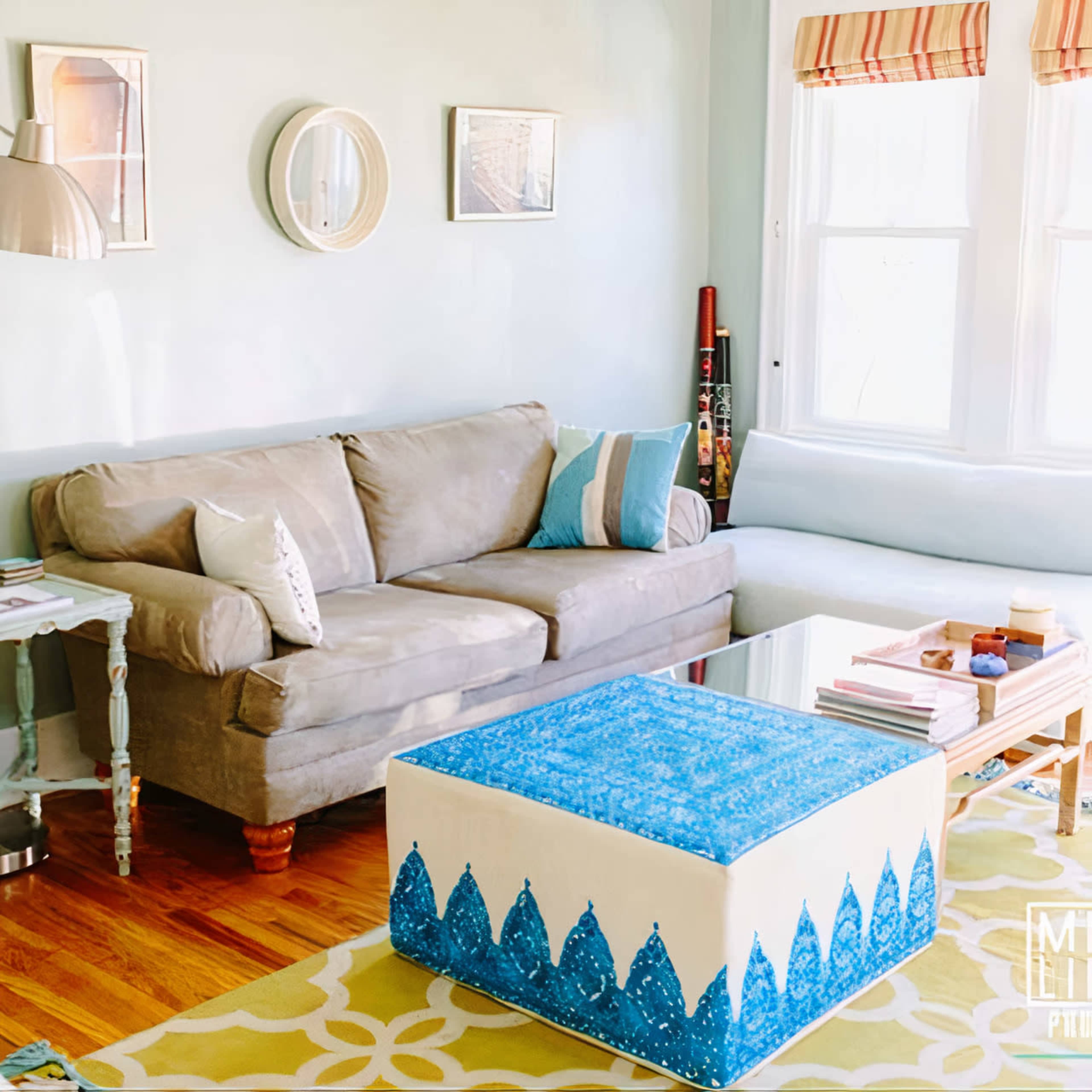 A cozy living room features a gray sofa, a patterned area rug, a coffee table with a colorful design, and large windows allowing natural light.