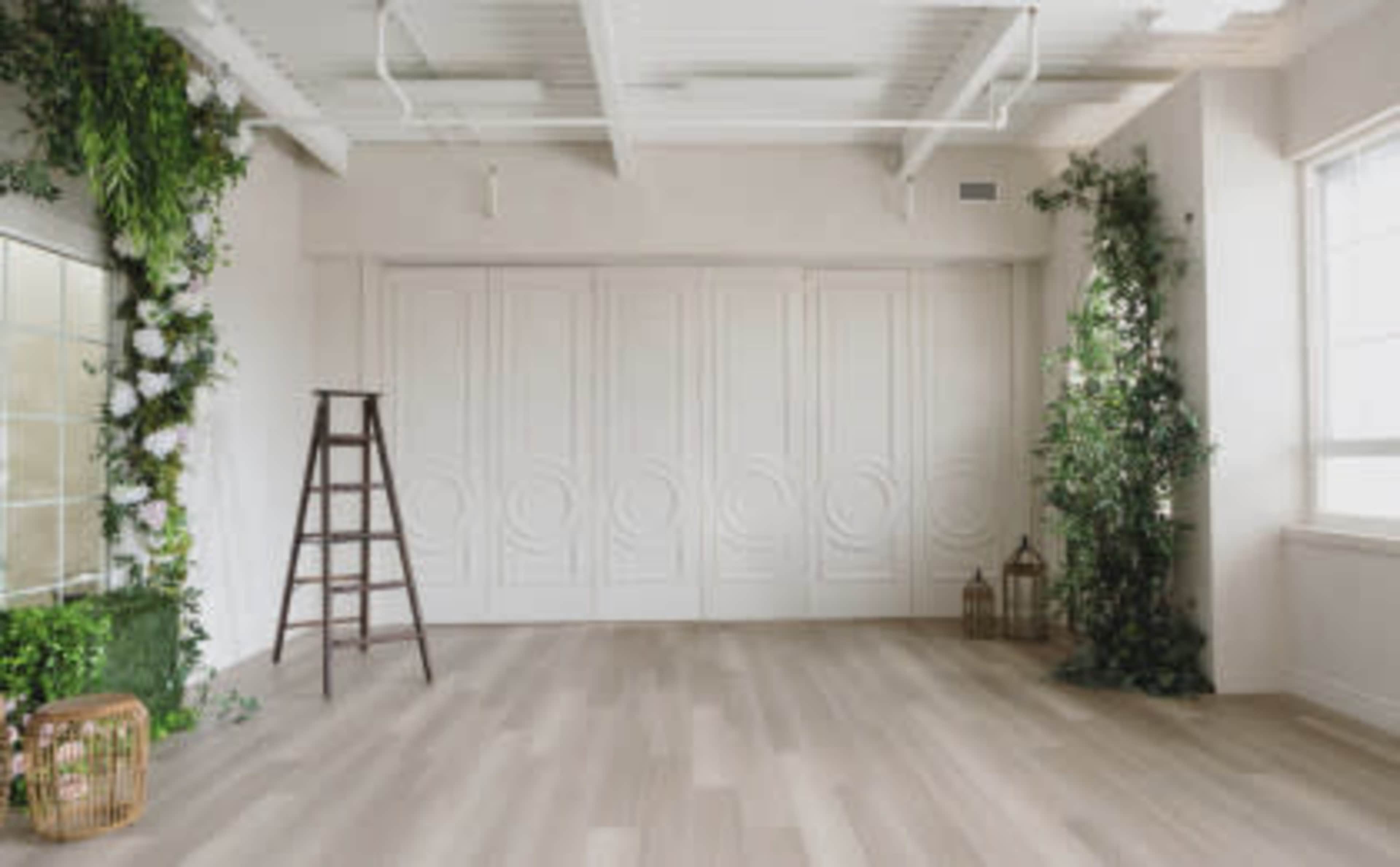 A spacious indoor room features light wood flooring, a white wall with decorative panels, and greenery along the edges, with a wooden ladder and lanterns placed decoratively.