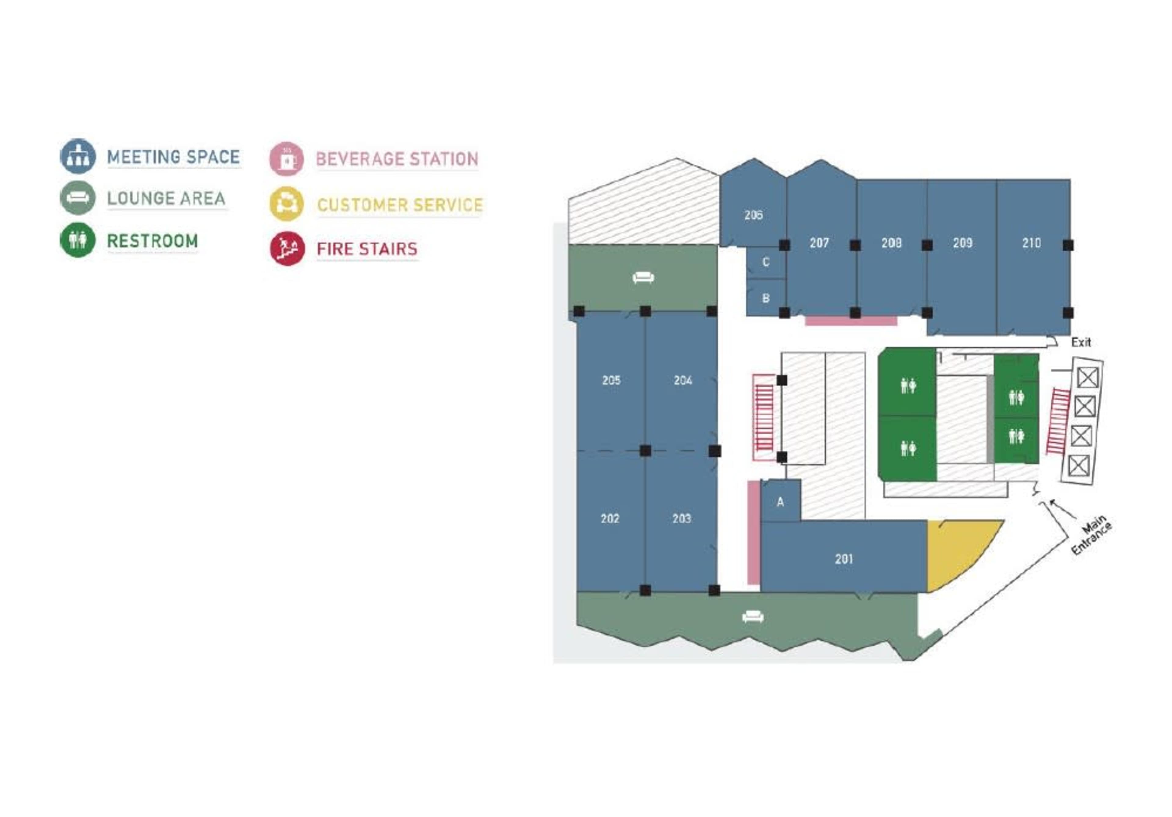 The image depicts a floor plan showing various rooms labeled for meeting space, lounge area, restrooms, customer service, and a beverage station, along with fire stairs and an exit.