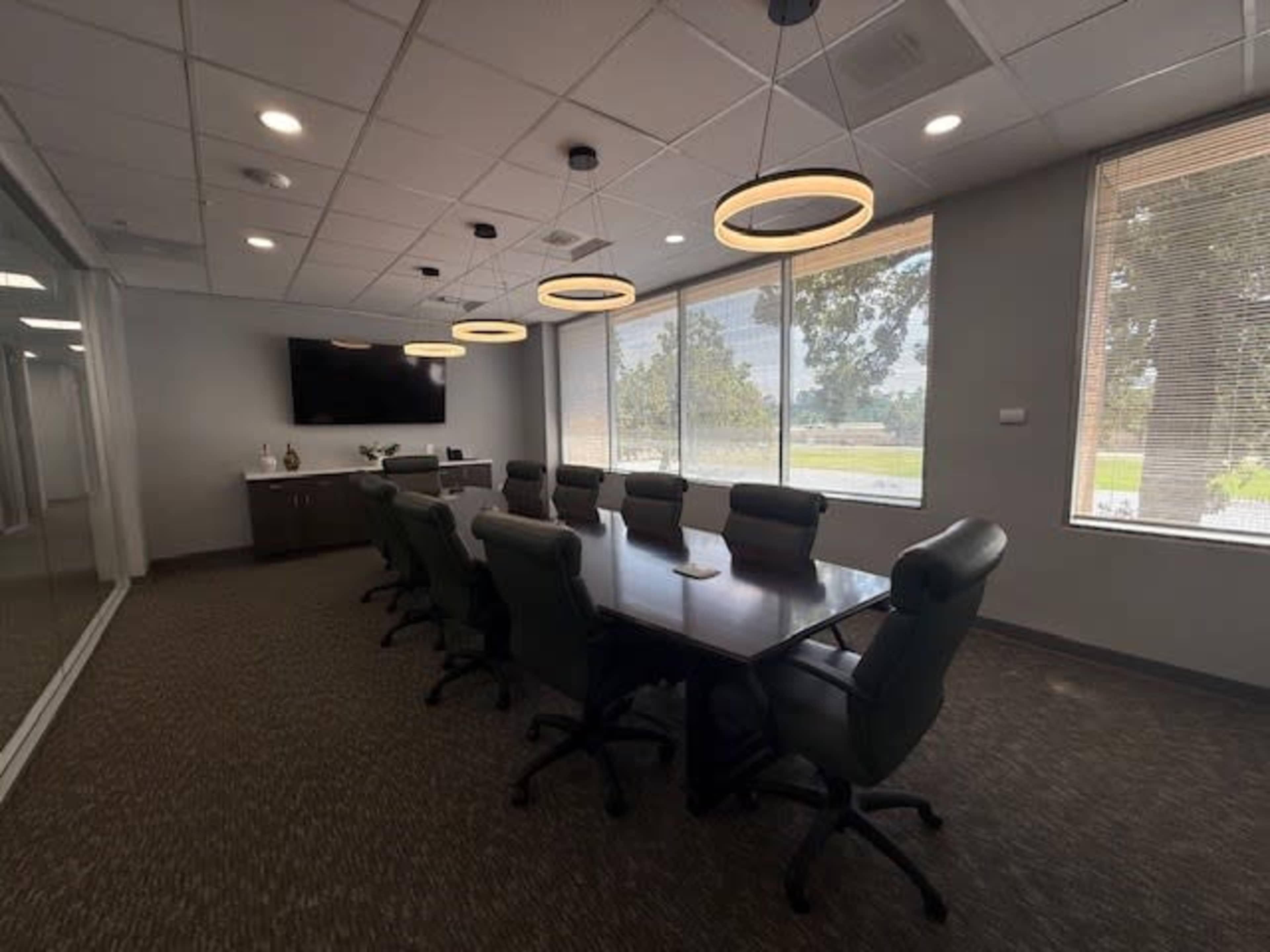 The image shows a modern conference room with a long table surrounded by ergonomic chairs, a wall-mounted television, and large windows letting in natural light.