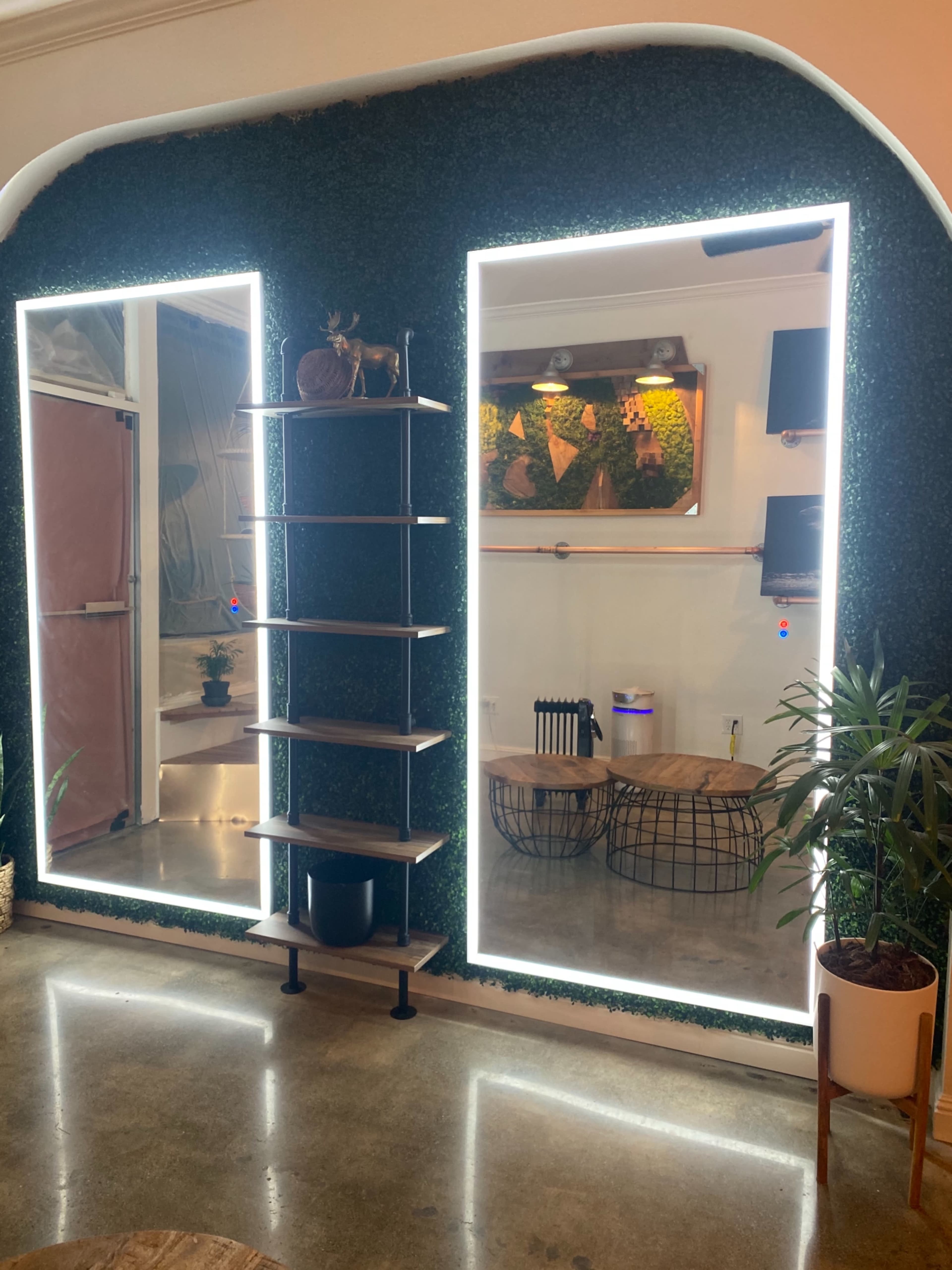 A wall with two illuminated mirrors, a vertical shelf, and plants in a modern interior space.