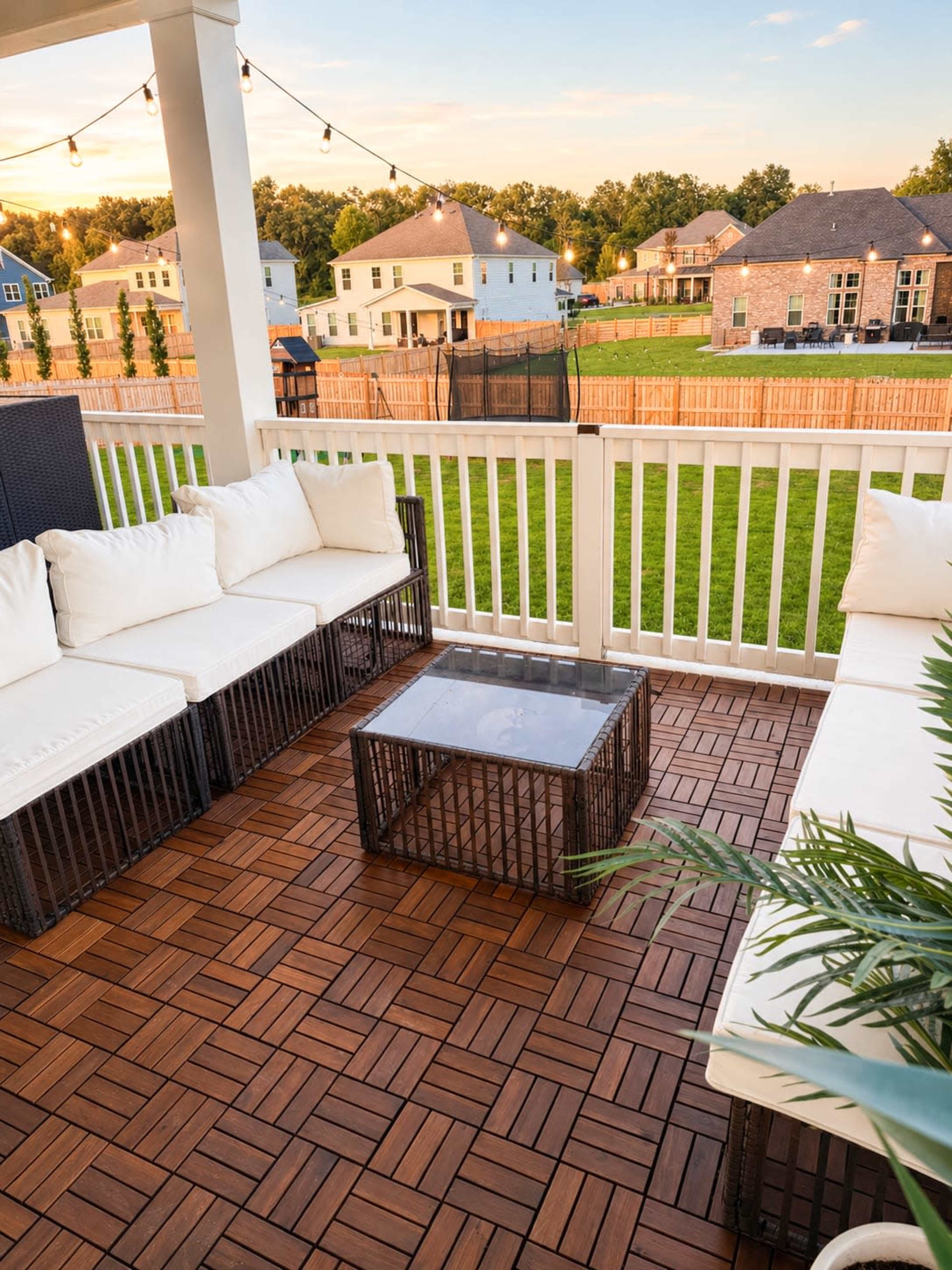 The image shows a patio area with a seating arrangement made of dark wicker furniture and a glass-top coffee table, overlooking a green lawn and suburban houses.