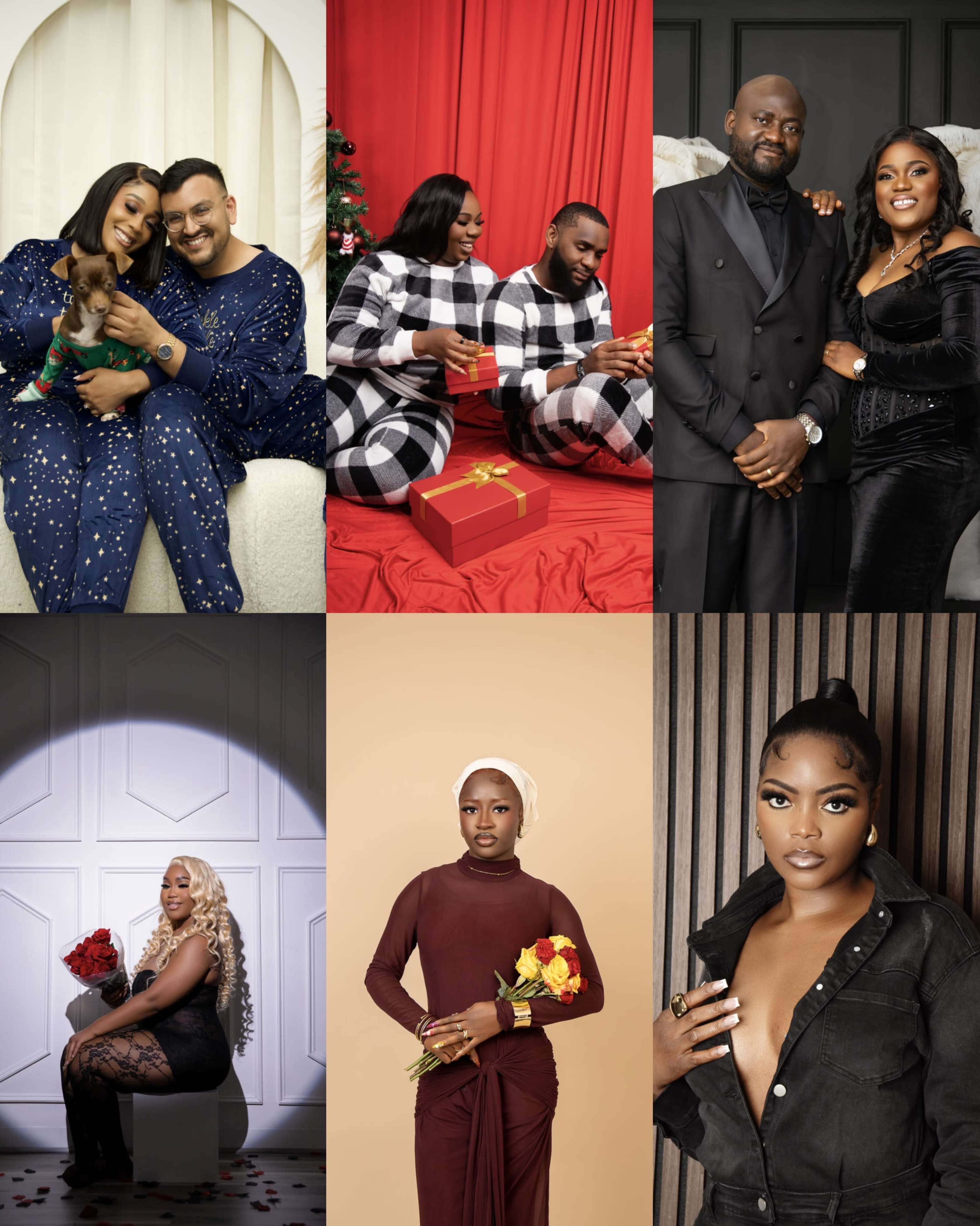 The image features six distinct pairs of people posing in various settings, including festive attire, a romantic backdrop, and diverse fashion styles.