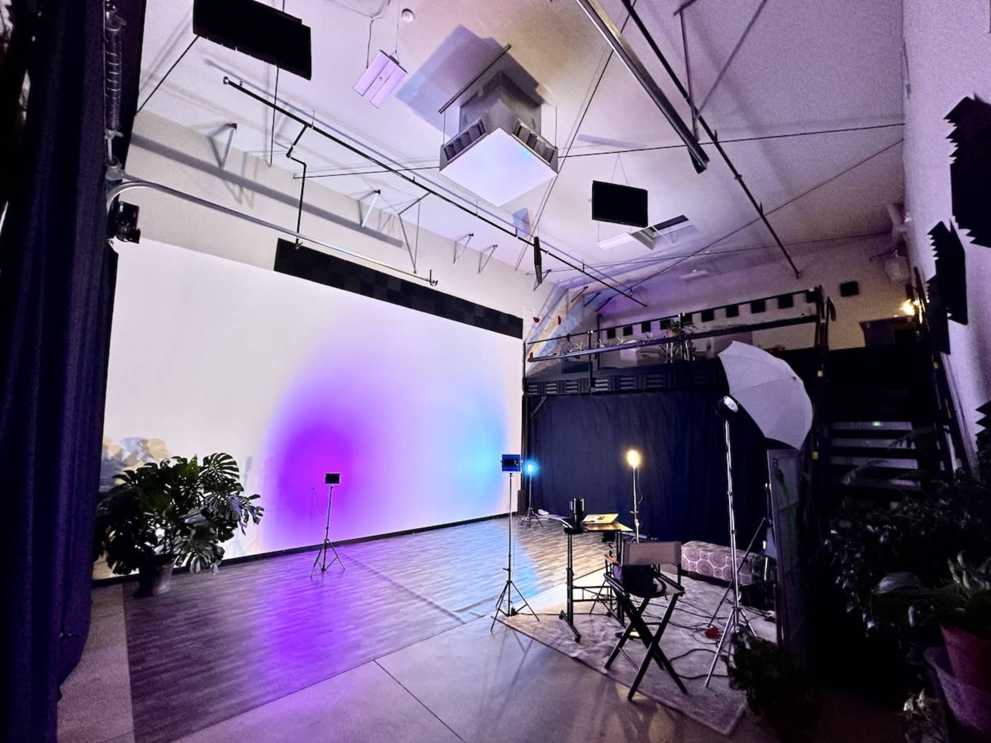 The image shows a spacious photography studio with a large blank backdrop, various lighting equipment, and potted plants.