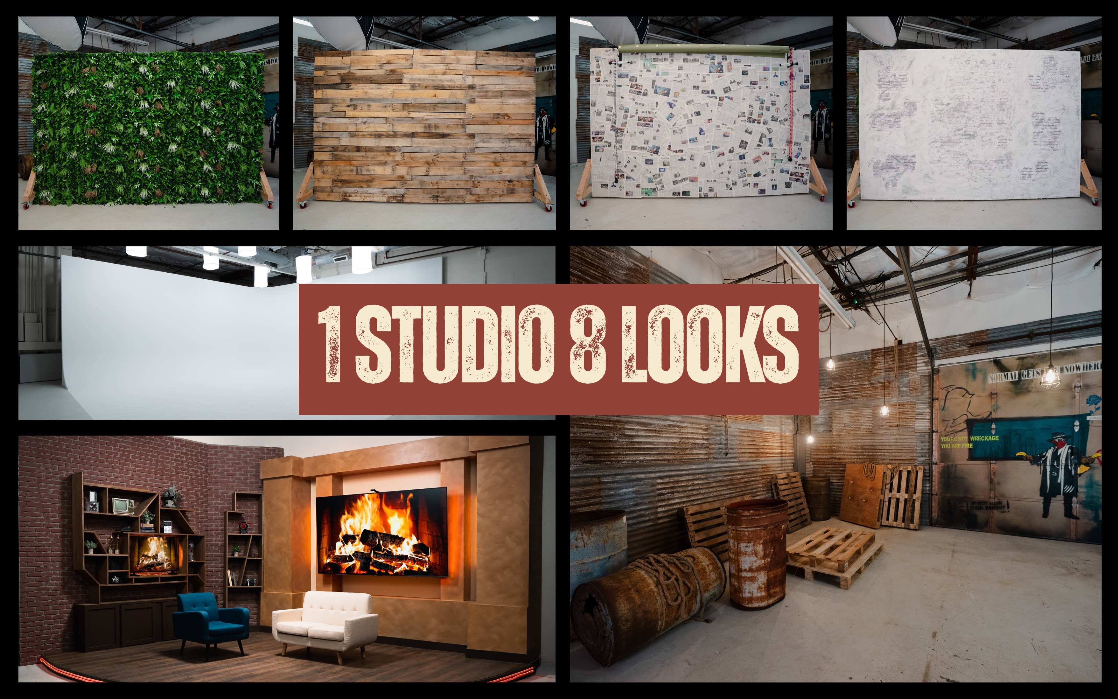 The image showcases a studio featuring eight different backdrop designs, including greenery, wood panels, a white screen, and various themed sets.