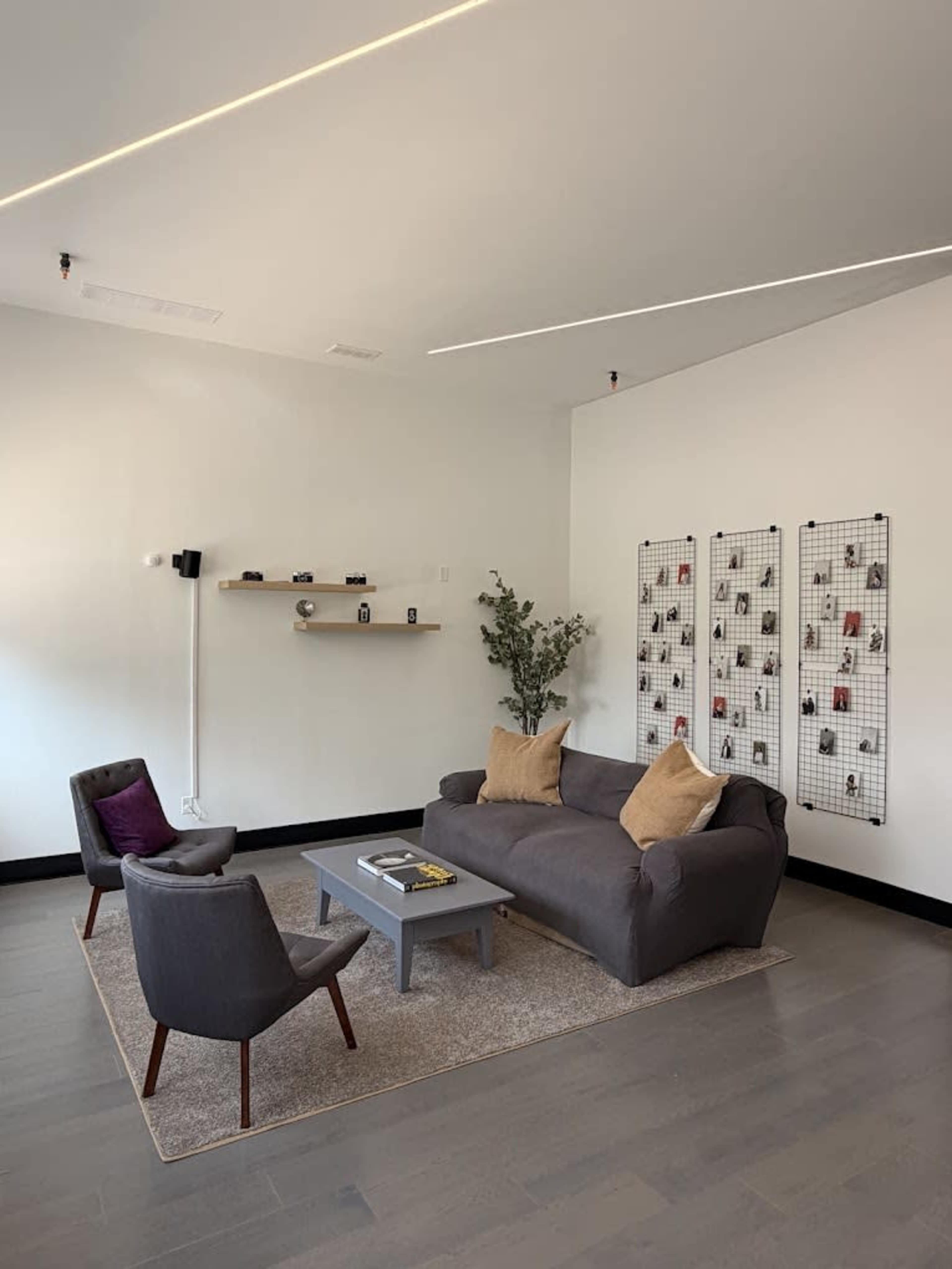 The image shows a modern, minimalist living room with a gray sofa, brown accent chairs, a small coffee table, and decorative wall grids.