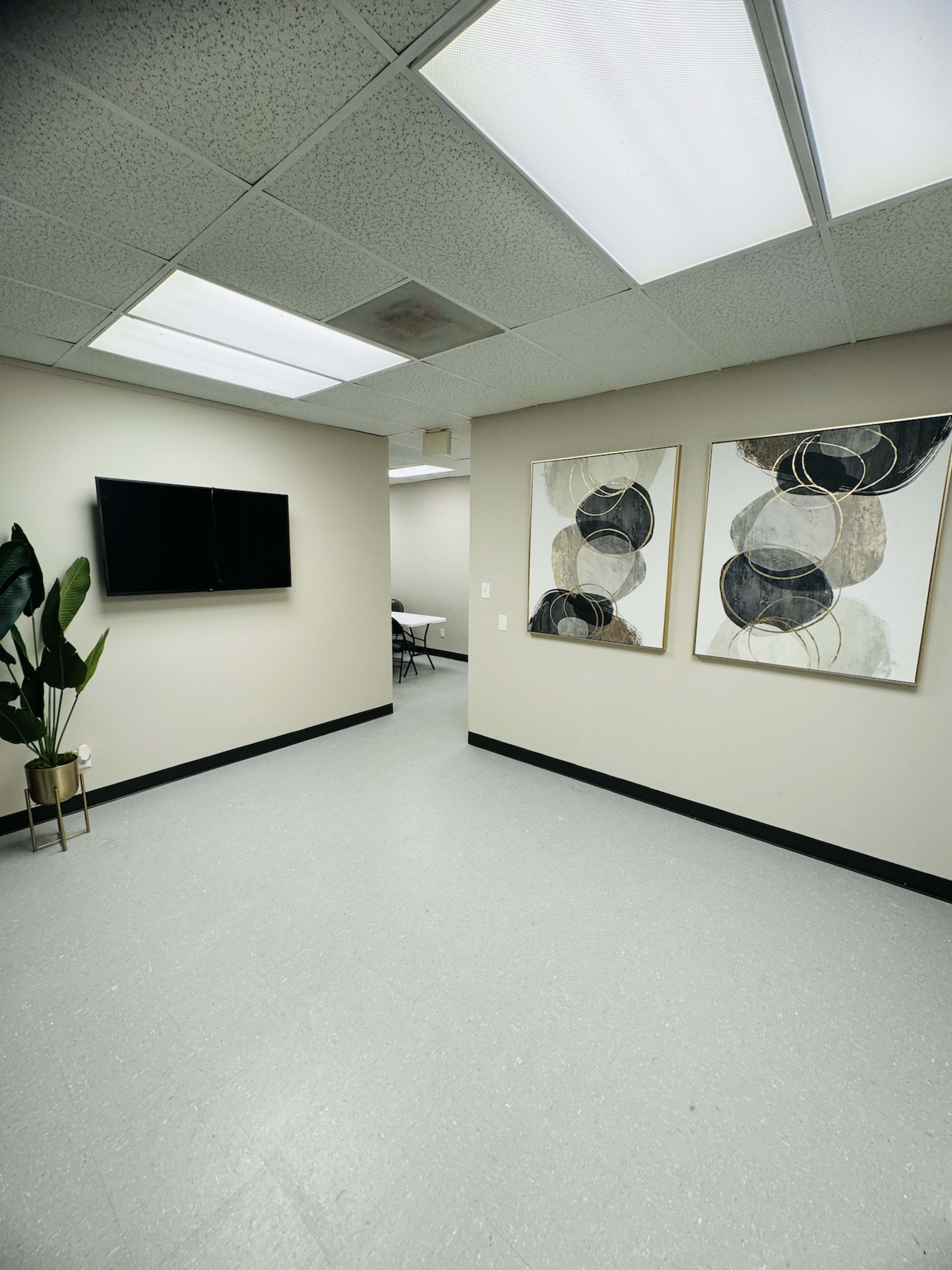 The image shows a well-lit office space with a television on the wall, two abstract framed artworks, and a plant in the corner.