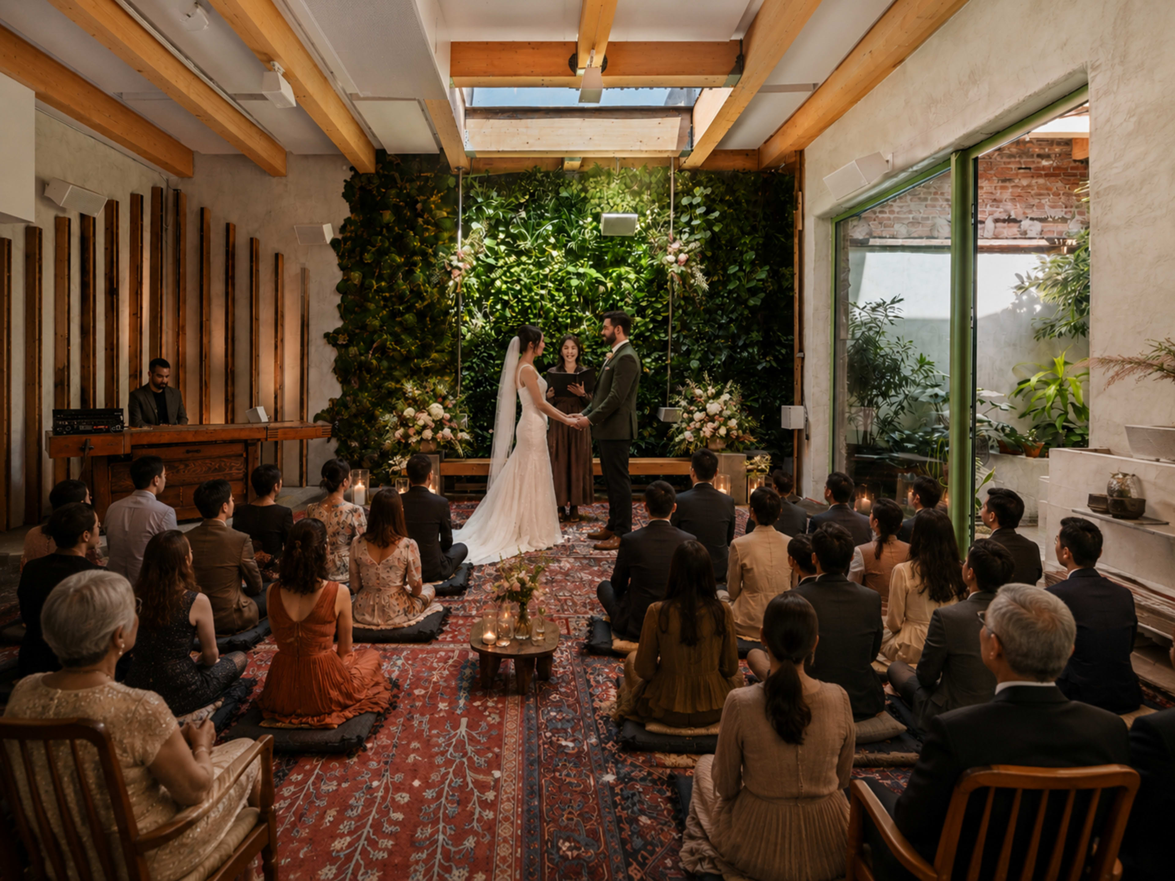 A couple exchanges vows in a decorated indoor venue with greenery, surrounded by seated guests.