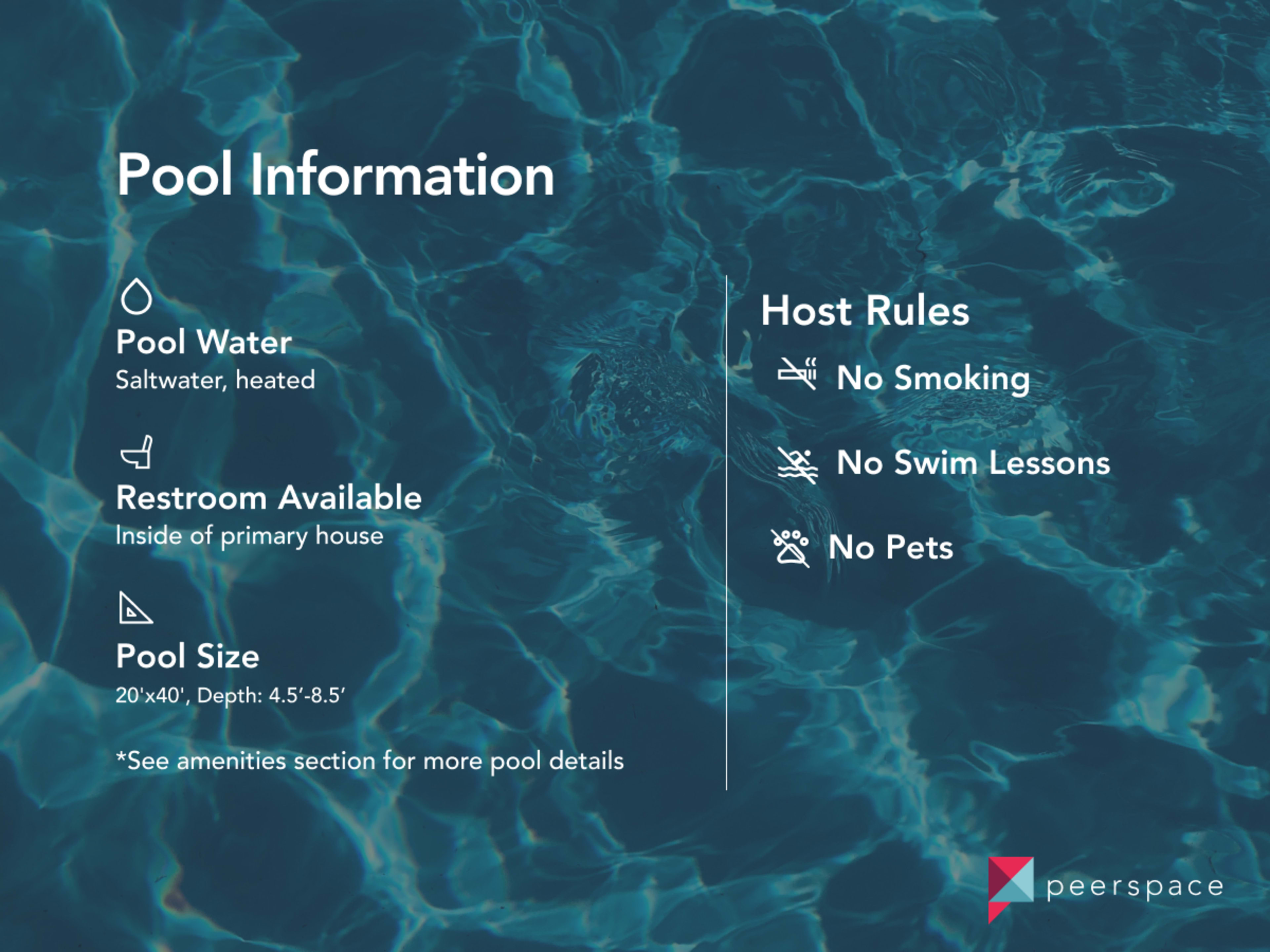 The image displays a list of pool information, including details about the saltwater pool, restroom availability, pool size, and host rules.