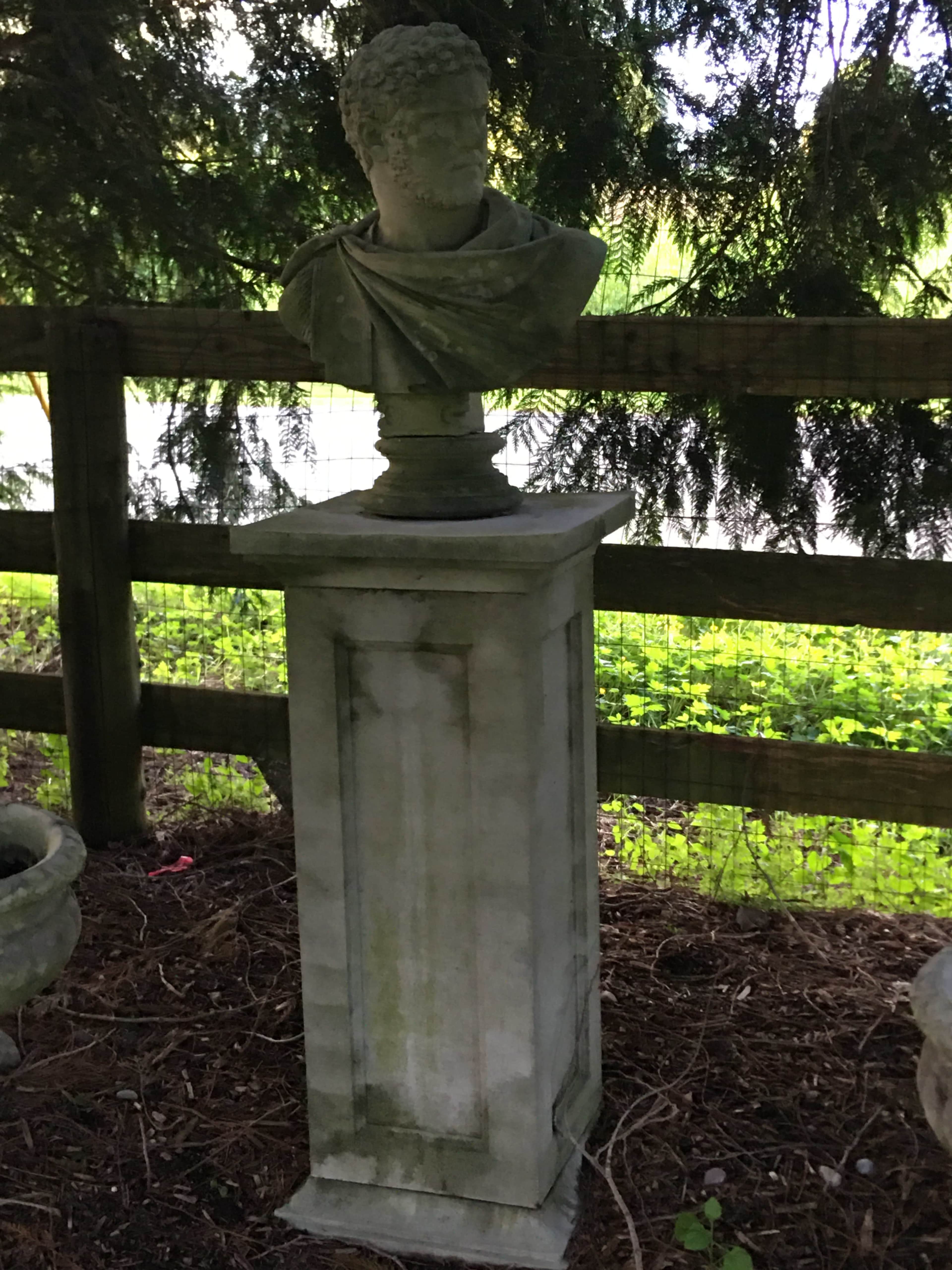 A marble bust of a figure rests on a stone pedestal surrounded by greenery and a wooden fence.