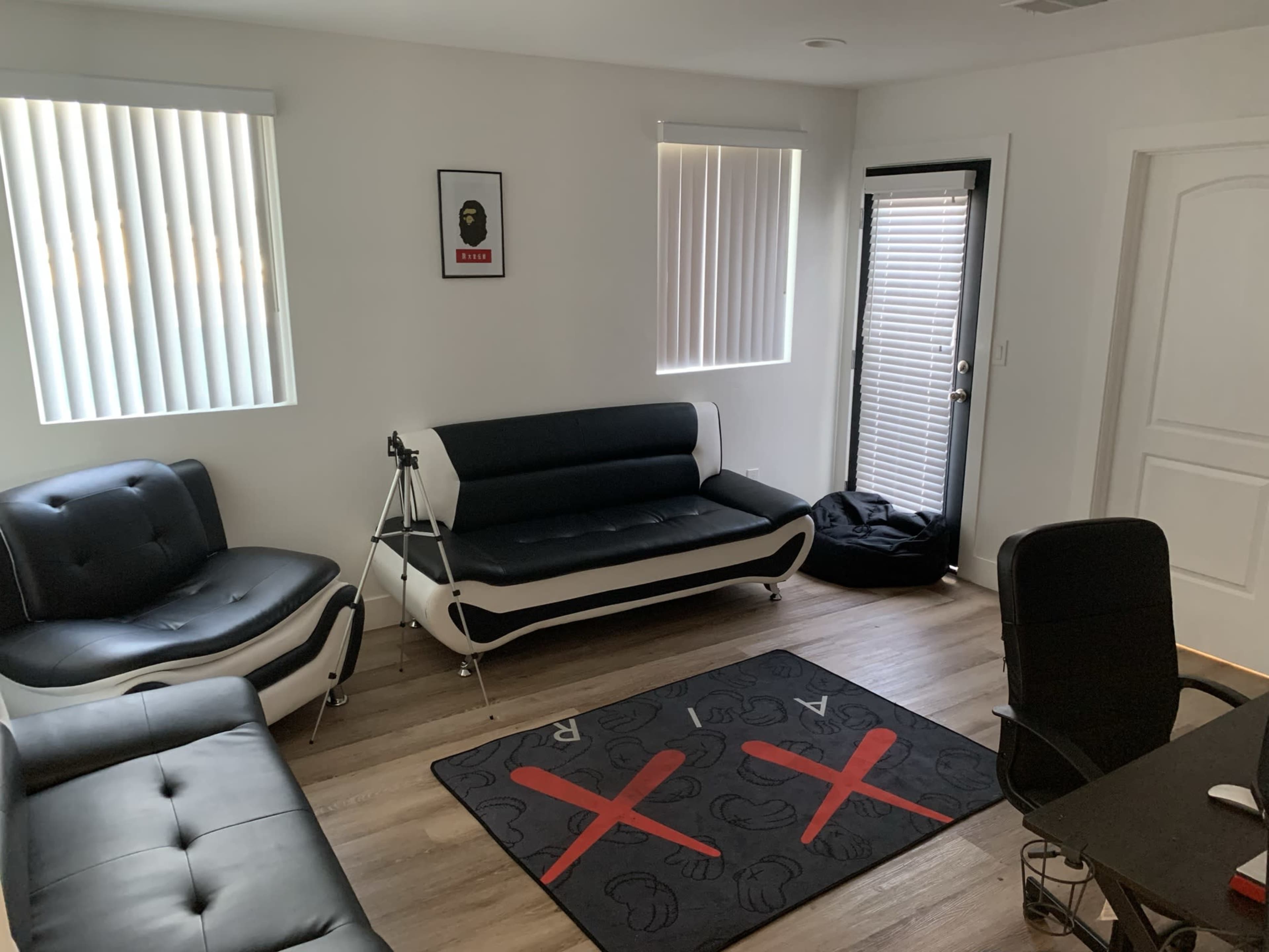 A modern room with black and white furniture, including sofas, a chair, and a patterned rug, along with large windows and a door leading outside.