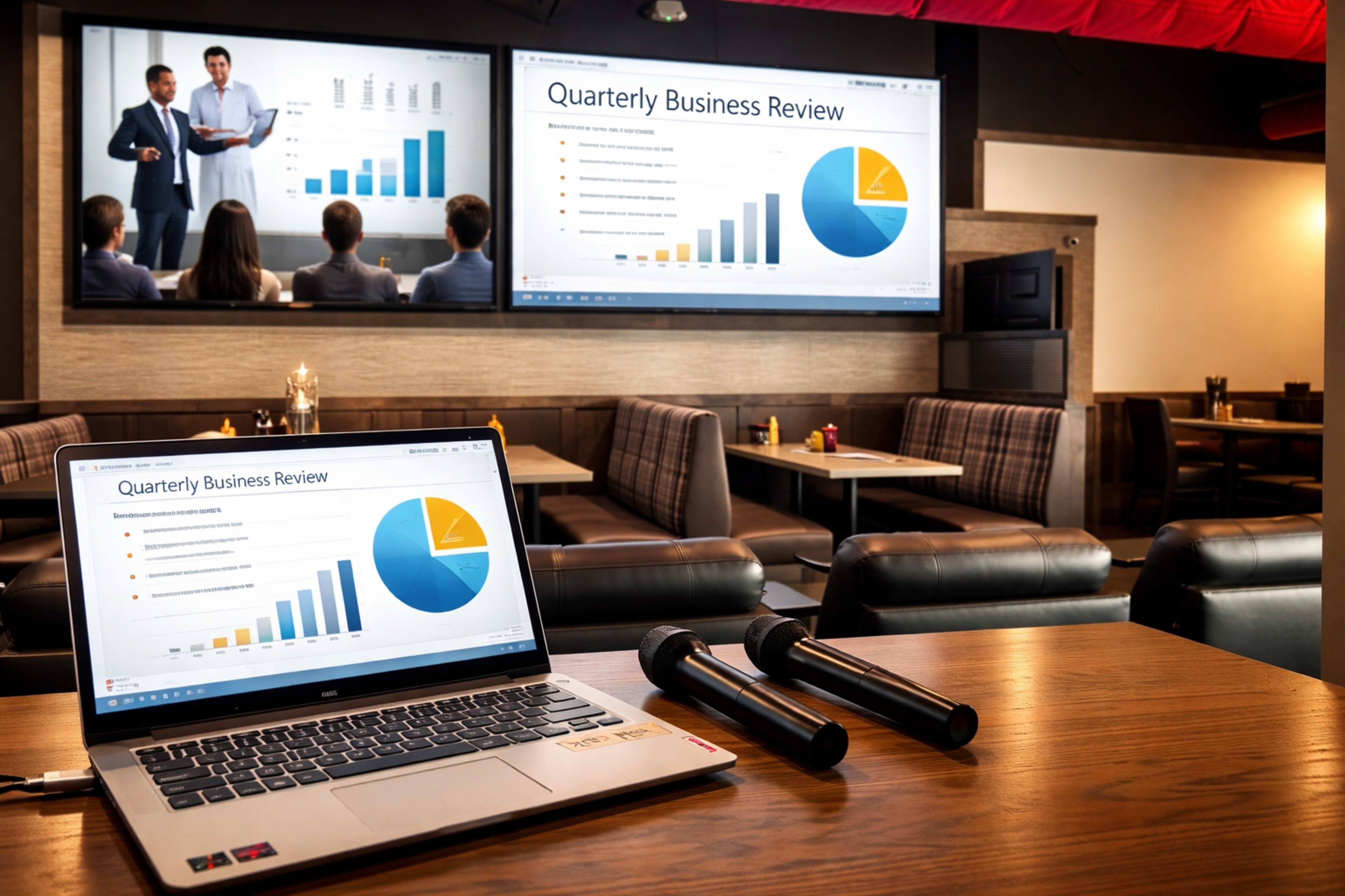 A laptop displaying a "Quarterly Business Review" presentation is placed on a wooden table in a restaurant, with large screens showing graphs and a group of people seated in the background.