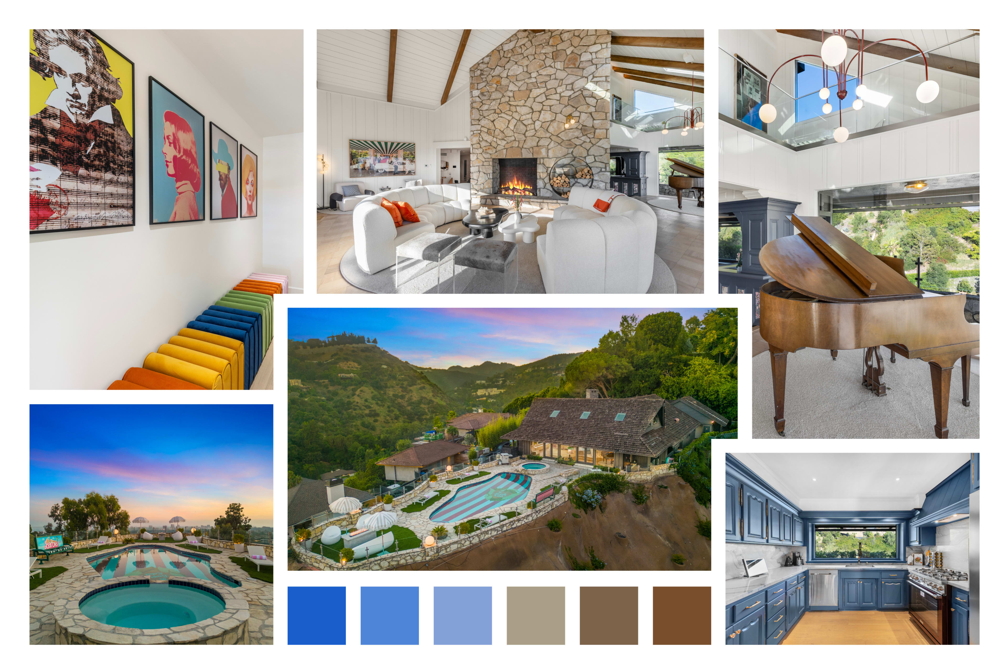 The image showcases a luxurious home featuring a stylish interior with a stone fireplace, a modern kitchen, an outdoor pool, and a scenic view of the surrounding landscape.