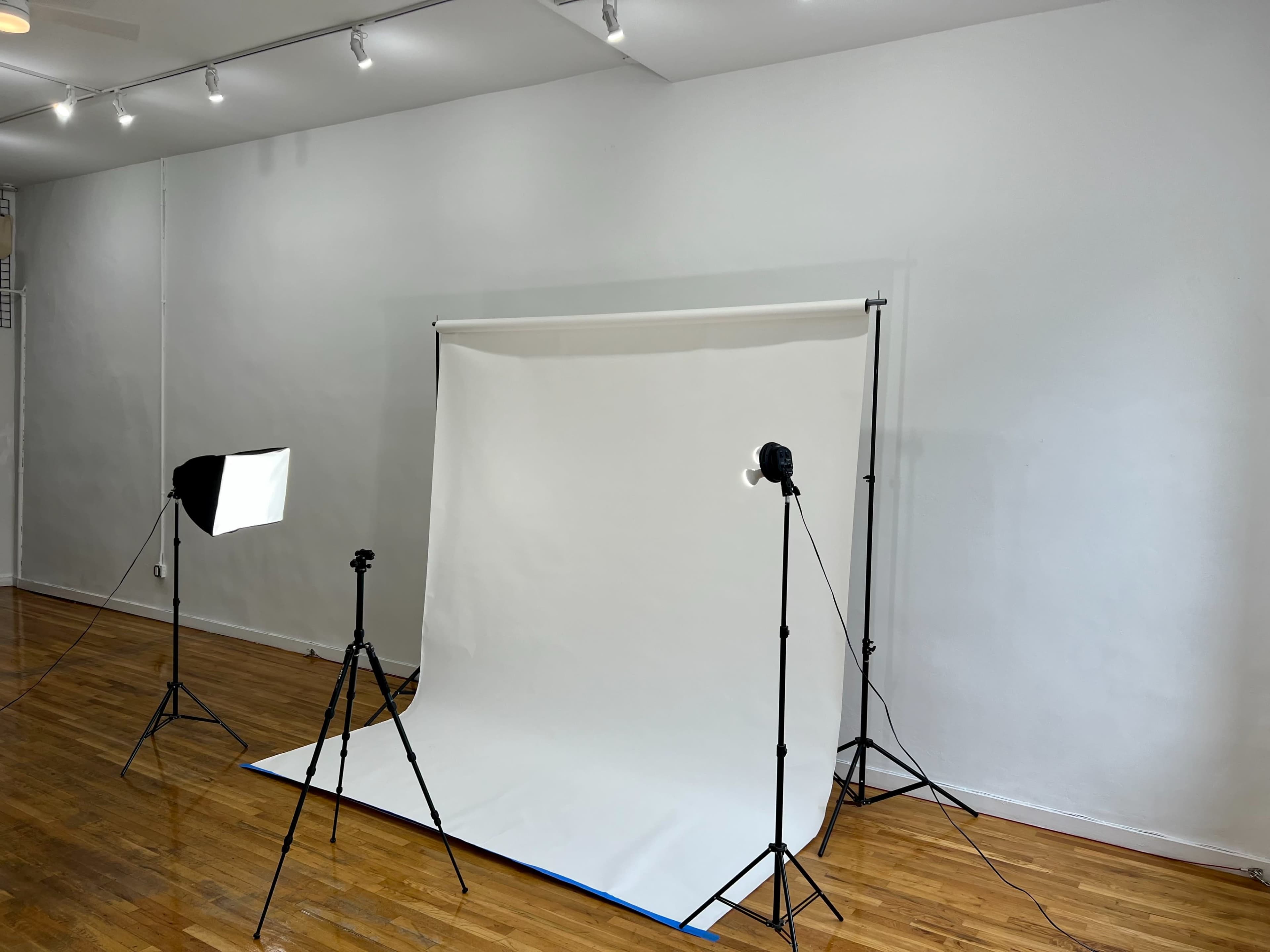 A photography studio setup with a white backdrop and two light sources on tripods.