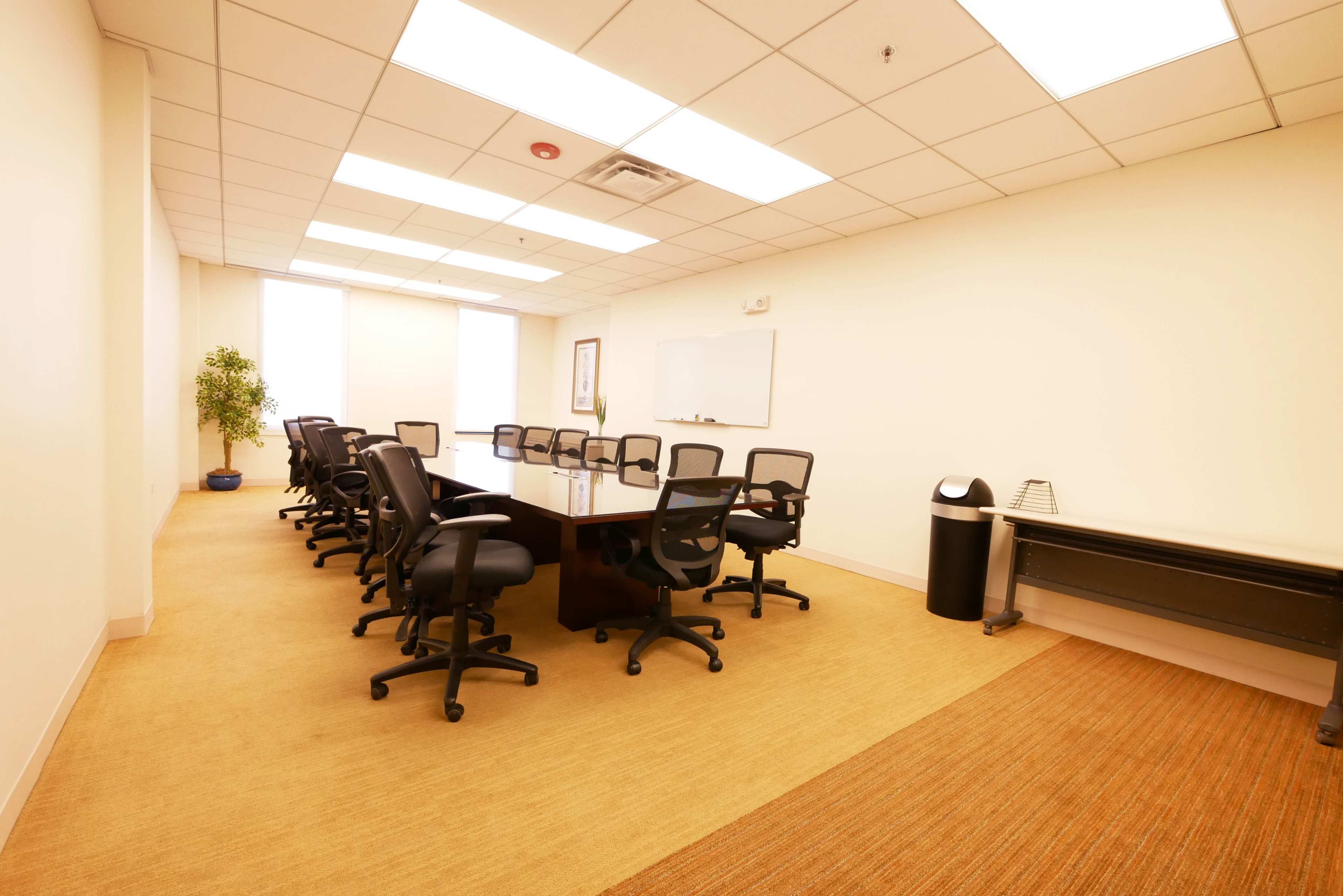 A conference room with a large table surrounded by black chairs, featuring a whiteboard and a potted plant near the windows.