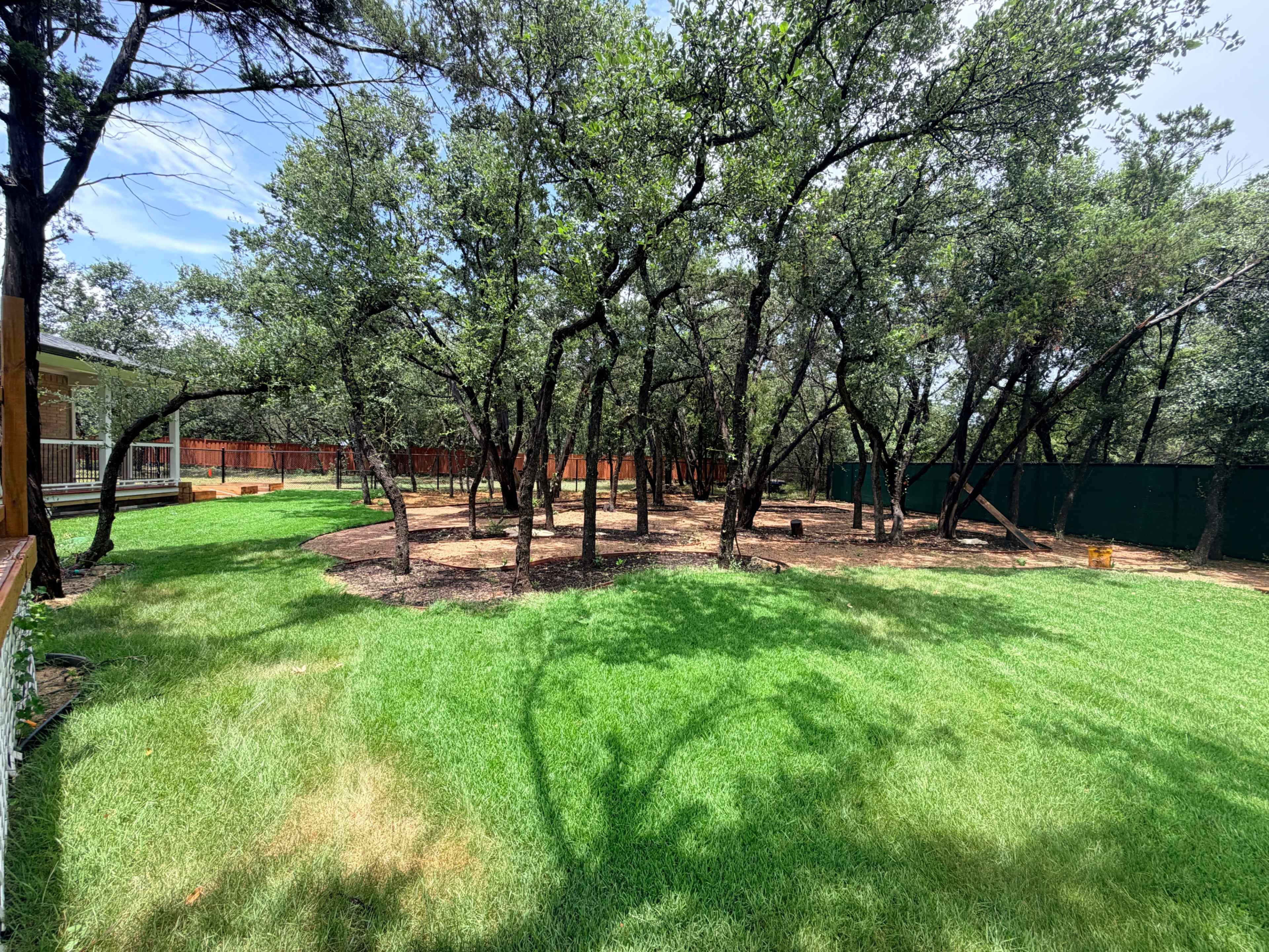 The image shows a landscaped yard with a grassy area surrounded by several trees and a wooden structure on one side.