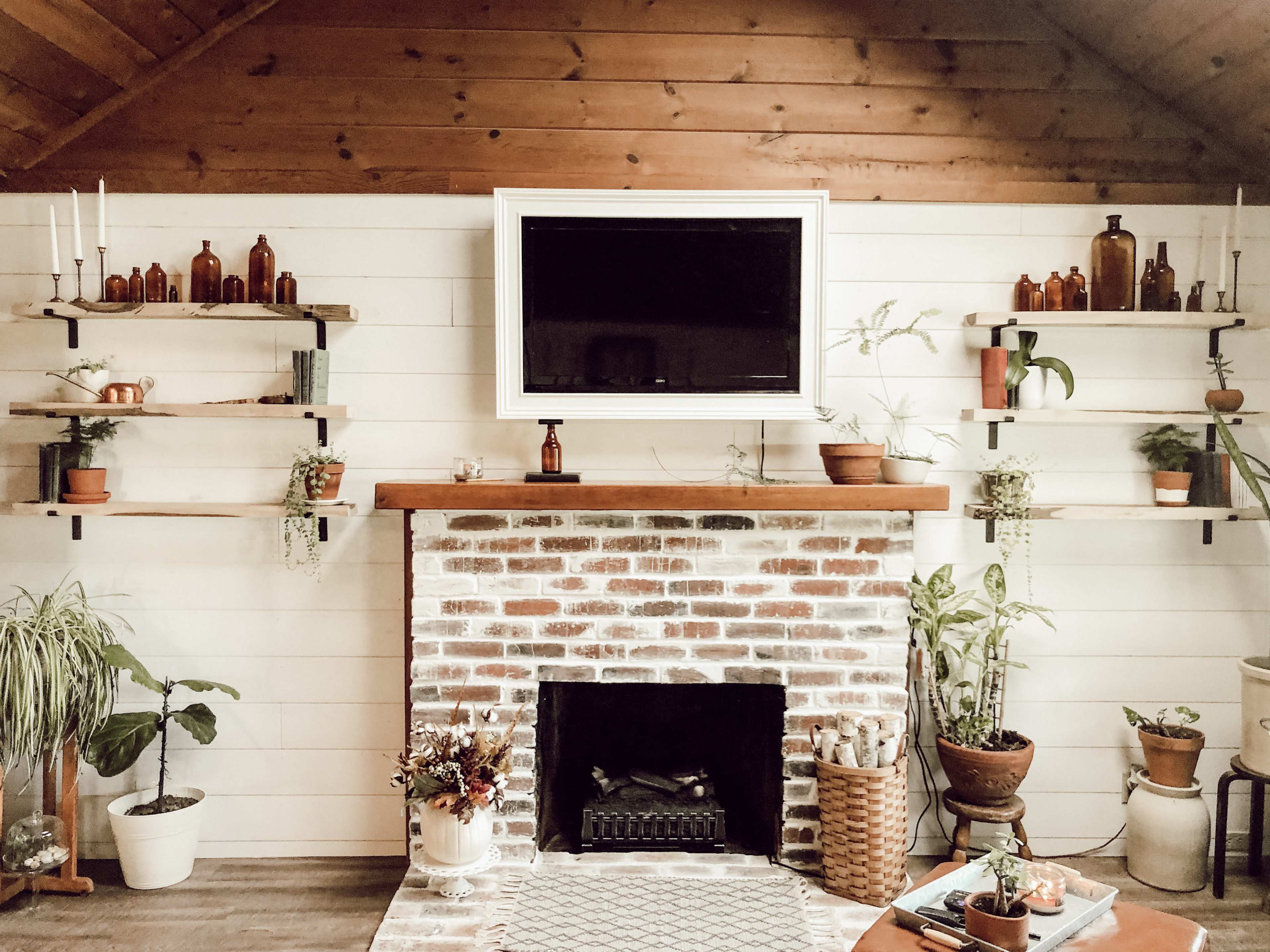 A brick fireplace is centered on a wall with wooden shelves holding plants and decorative bottles, beneath a television and surrounded by various houseplants.