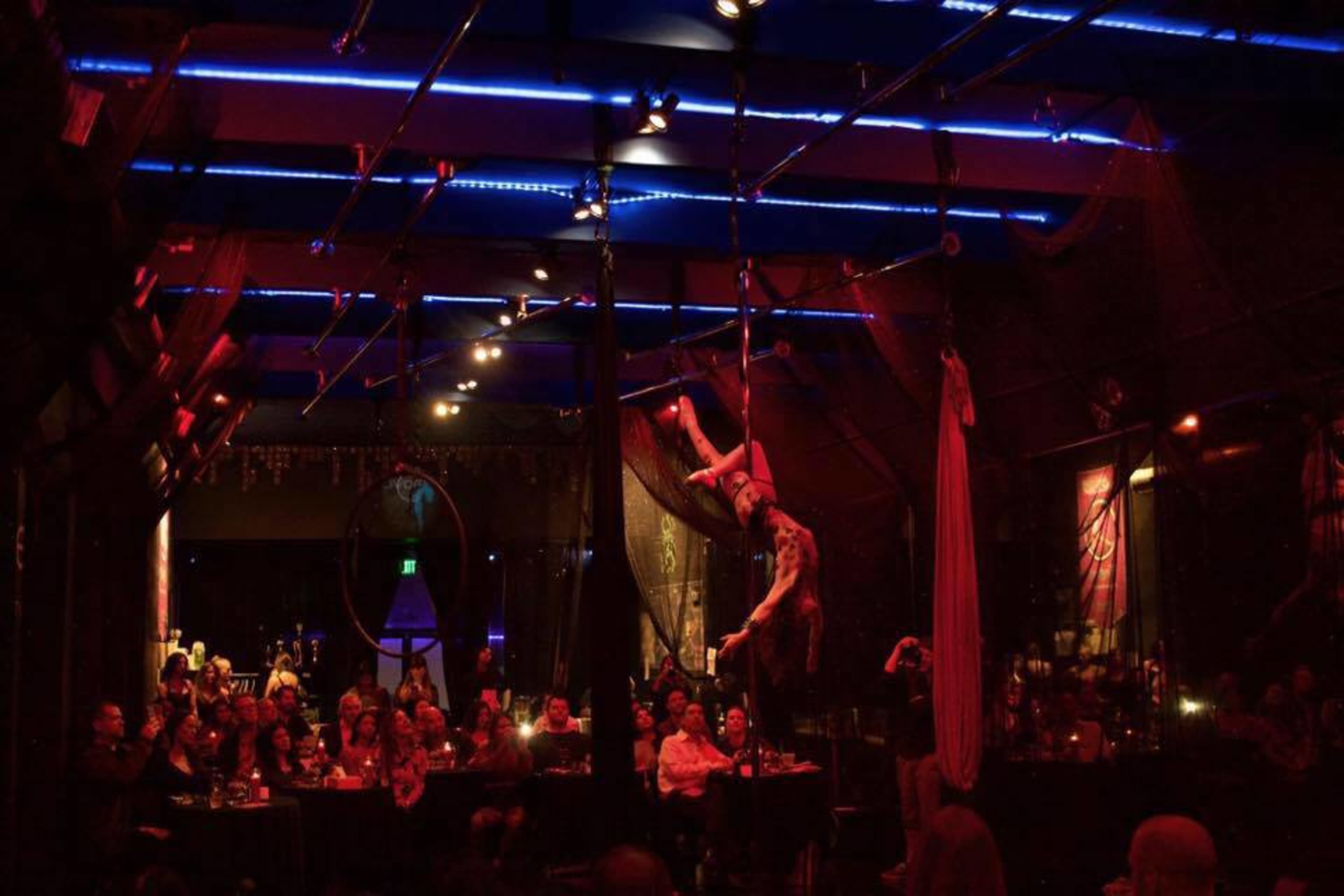 A performer executes an aerial routine on silks above an audience gathered in a dimly lit venue.