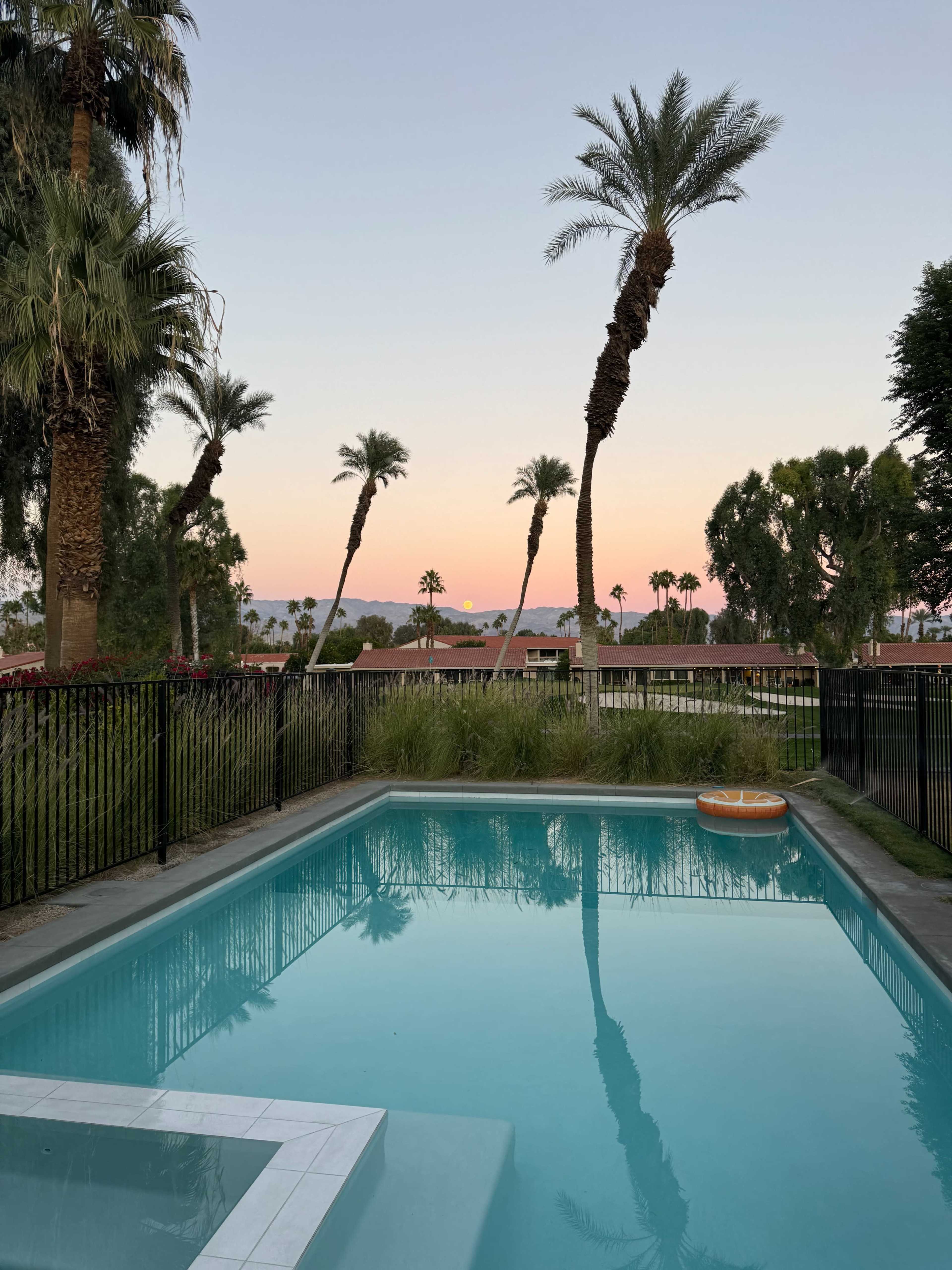 The image shows a backyard pool surrounded by palm trees, with a pastel sunset in the background.