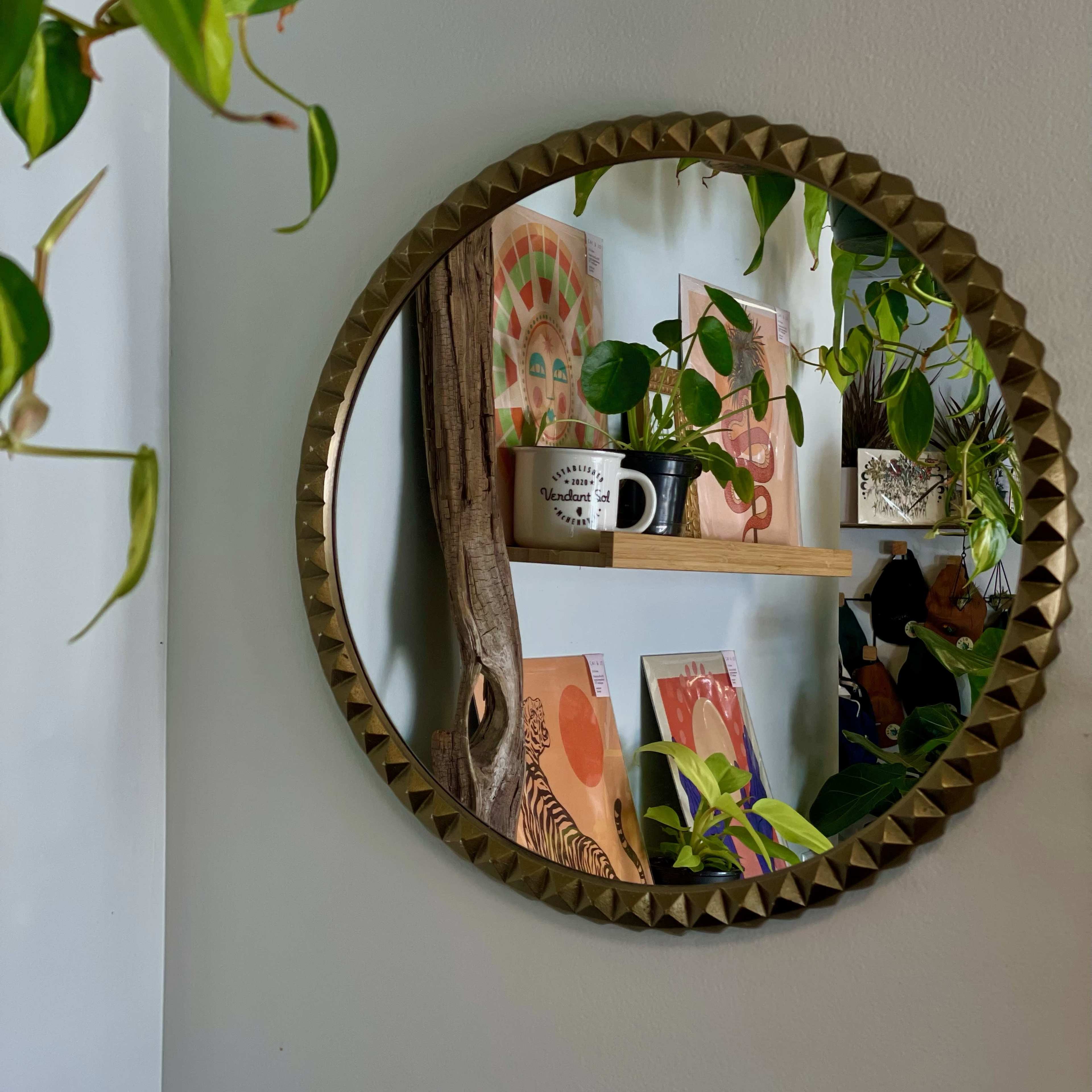A round mirror with a textured gold frame reflects a shelf of colorful artwork and green plants.