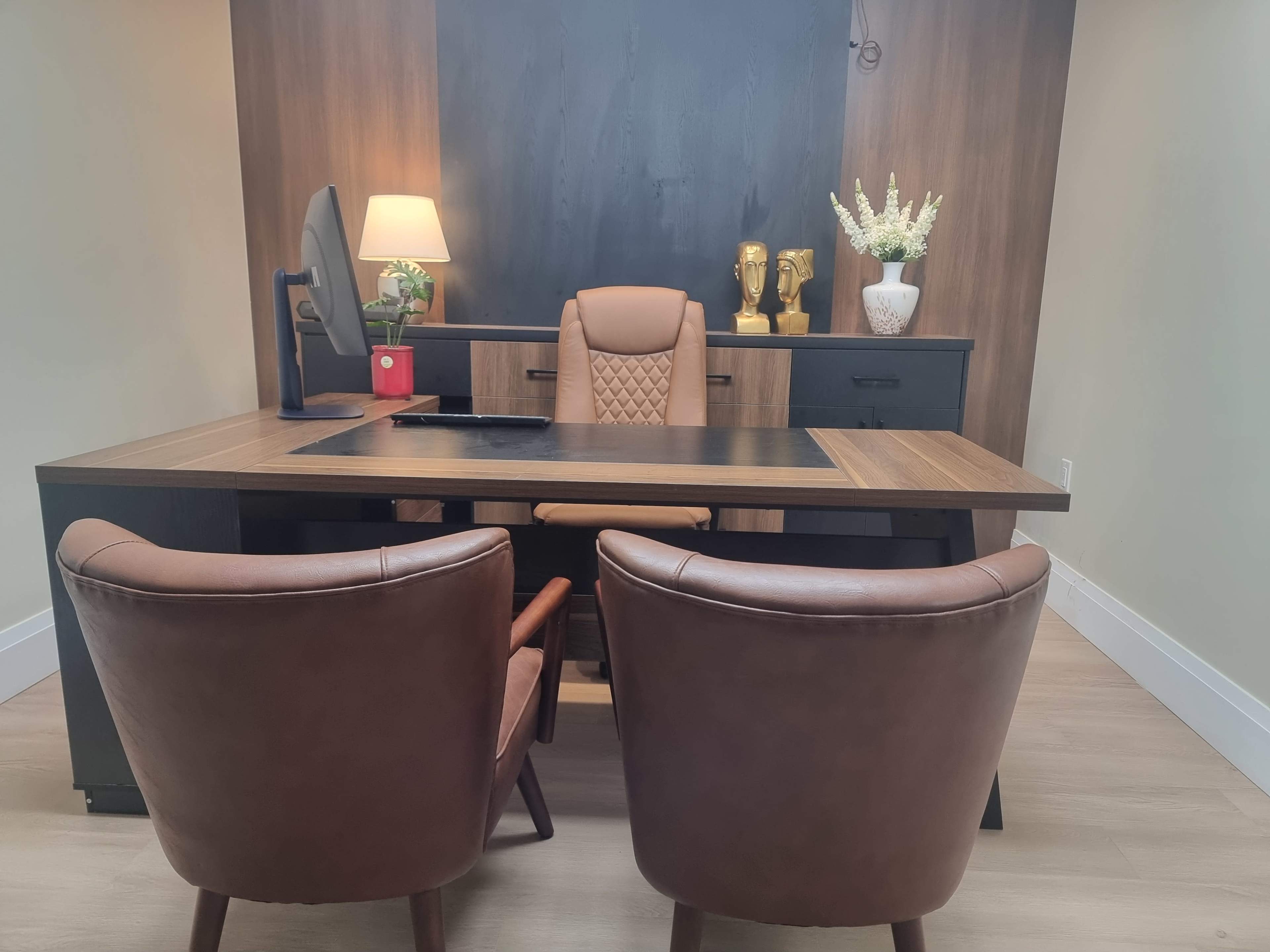 The image shows a modern office with a large wooden desk, two brown leather chairs facing it, and decor including a lamp, plants, and awards on the shelves.