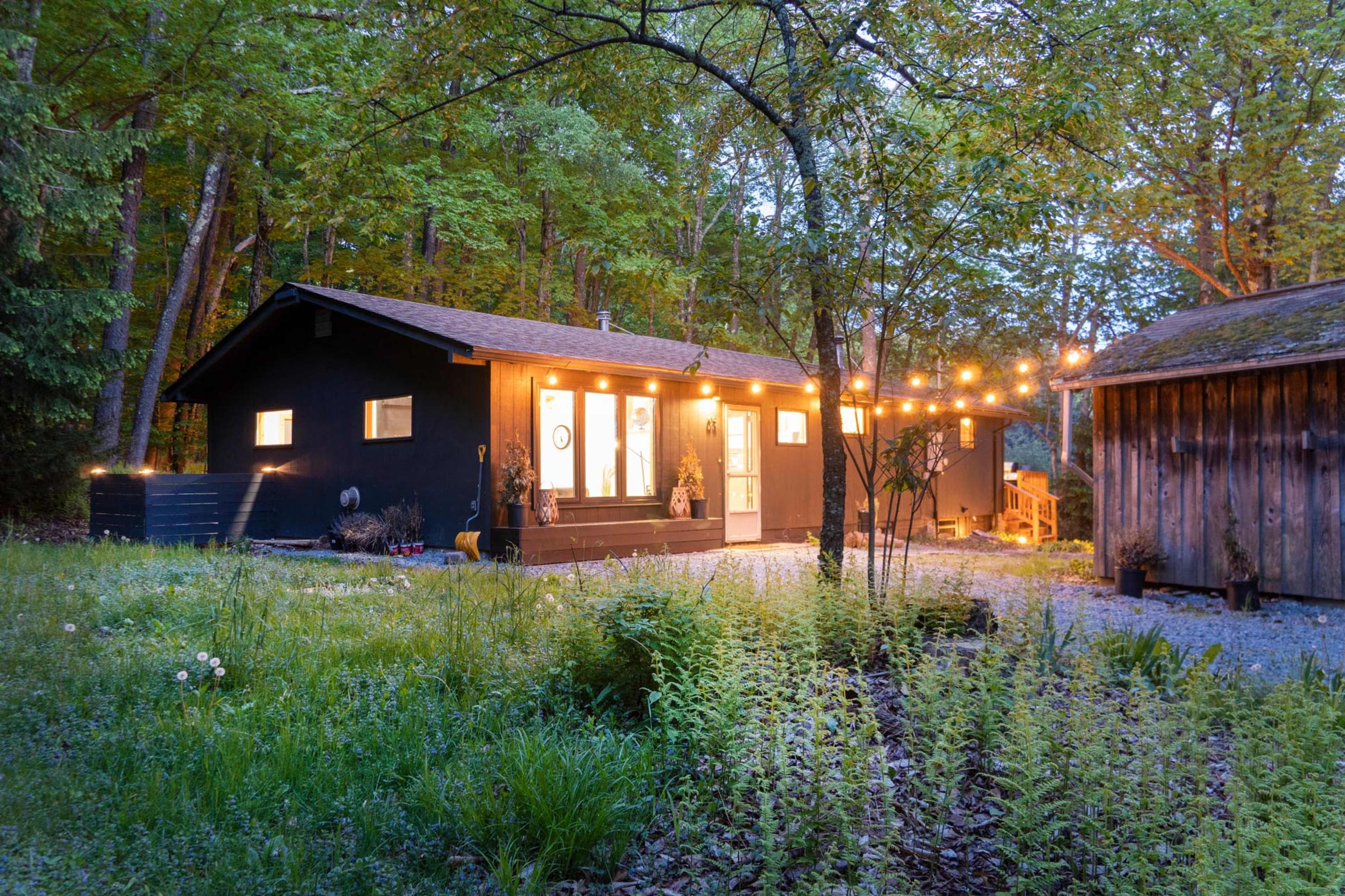 A small black cabin surrounded by trees features string lights above a path and a nearby wooden structure.