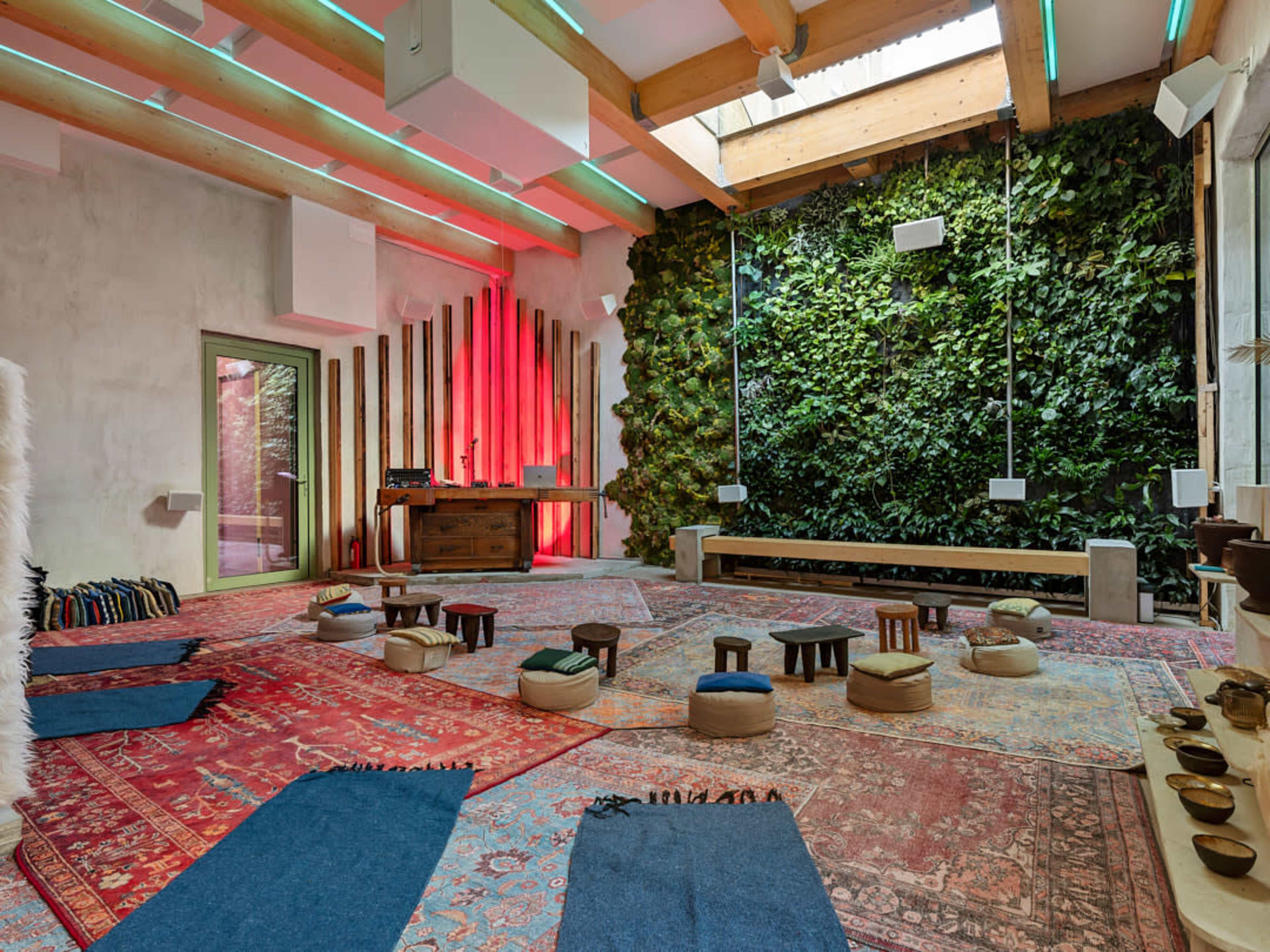 The image shows a spacious meditation room with a green wall of plants, various seating arrangements on patterned rugs, and soft lighting.