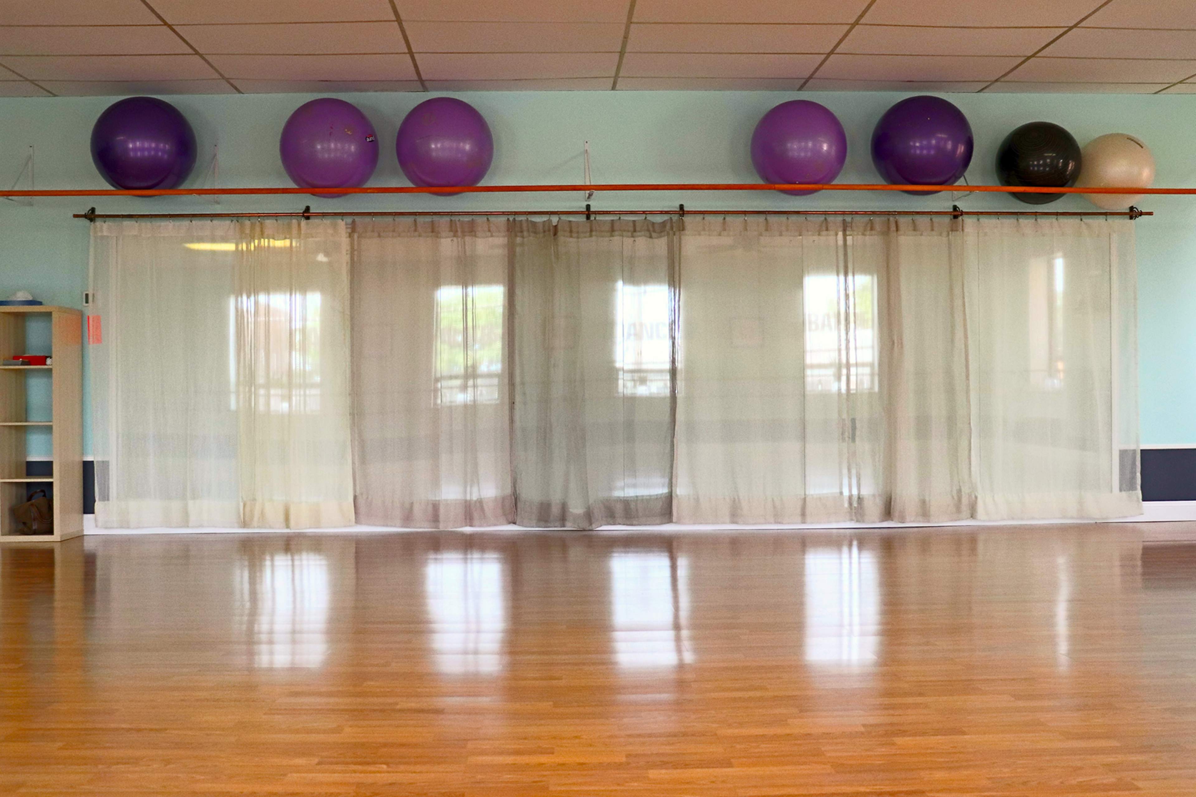 The image shows a spacious room with wooden flooring, a sheer curtain dividing the space, and exercise balls arranged on a shelf against the wall.