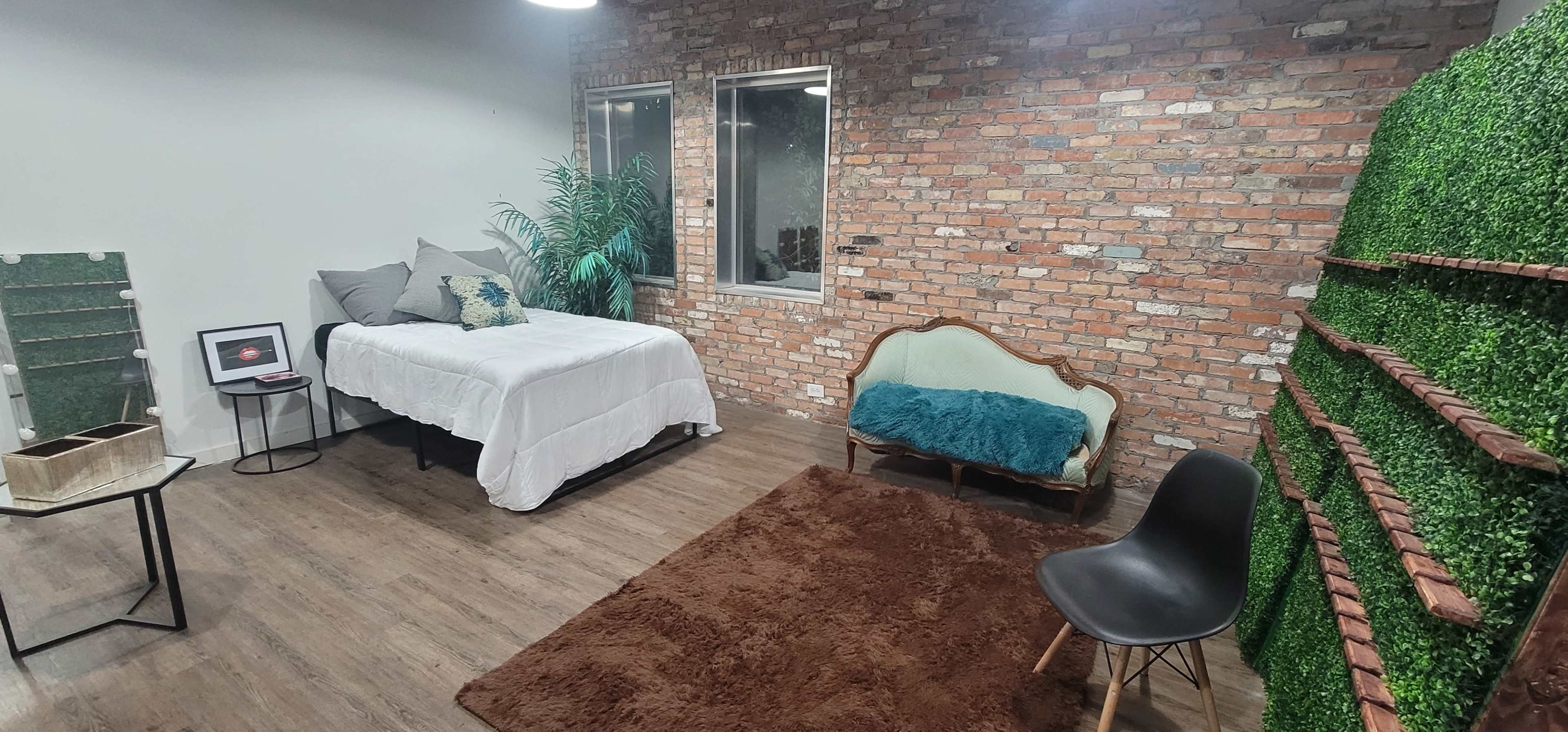 The room features a bed with white bedding, a green couch, a brown rug, and a brick wall backdrop with plants arranged on one side.