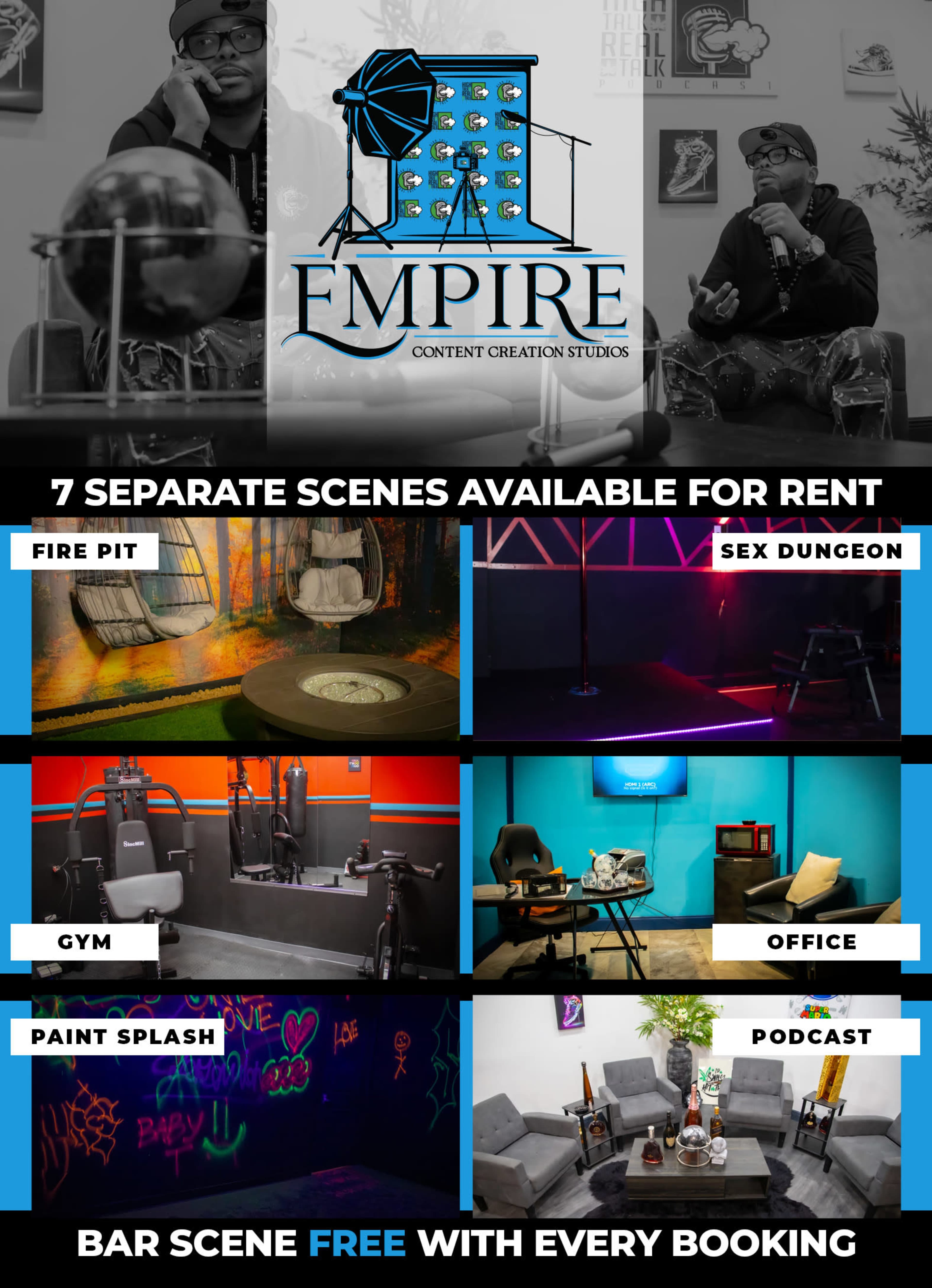 The image showcases a promotional graphic for FMPIRE, a content creation studio, featuring various themed studio scenes available for rent, including a fire pit area, a gym, a podcast setup, and more, along with the offer of a free bar scene with every booking.