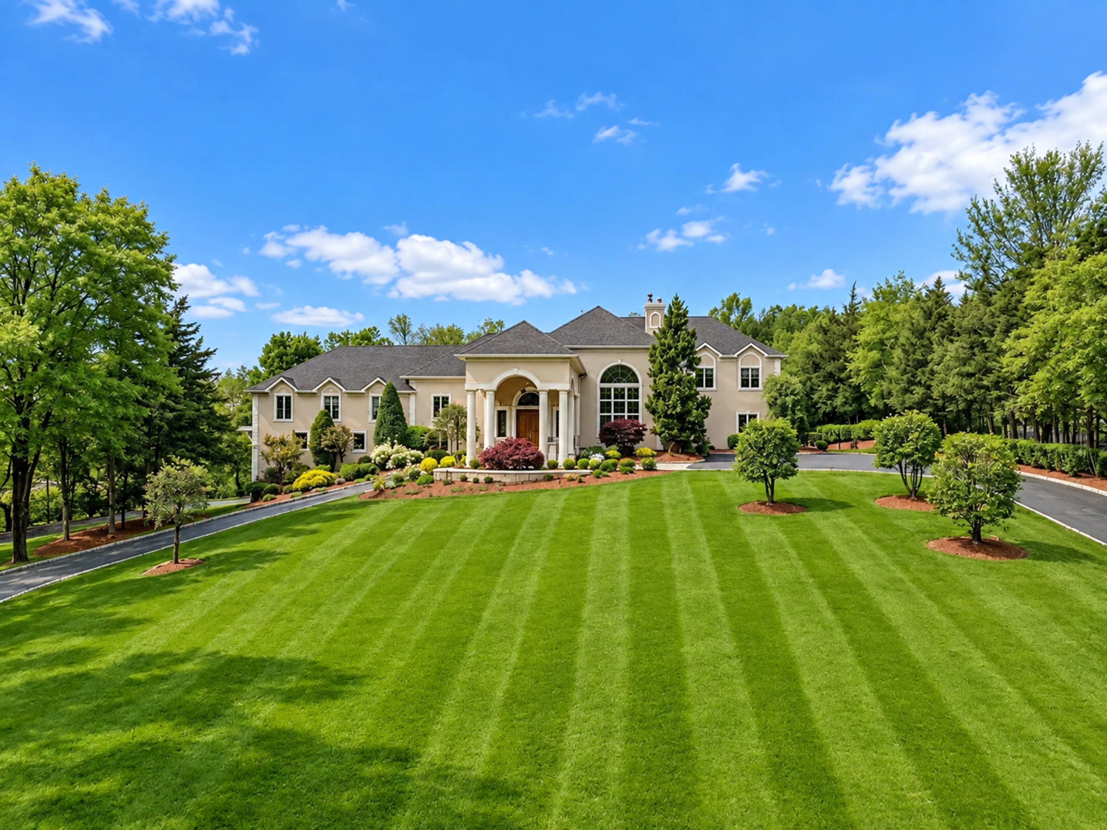 A large, elegant house stands at the center of a well-manicured lawn, surrounded by trees and neatly trimmed landscaping.