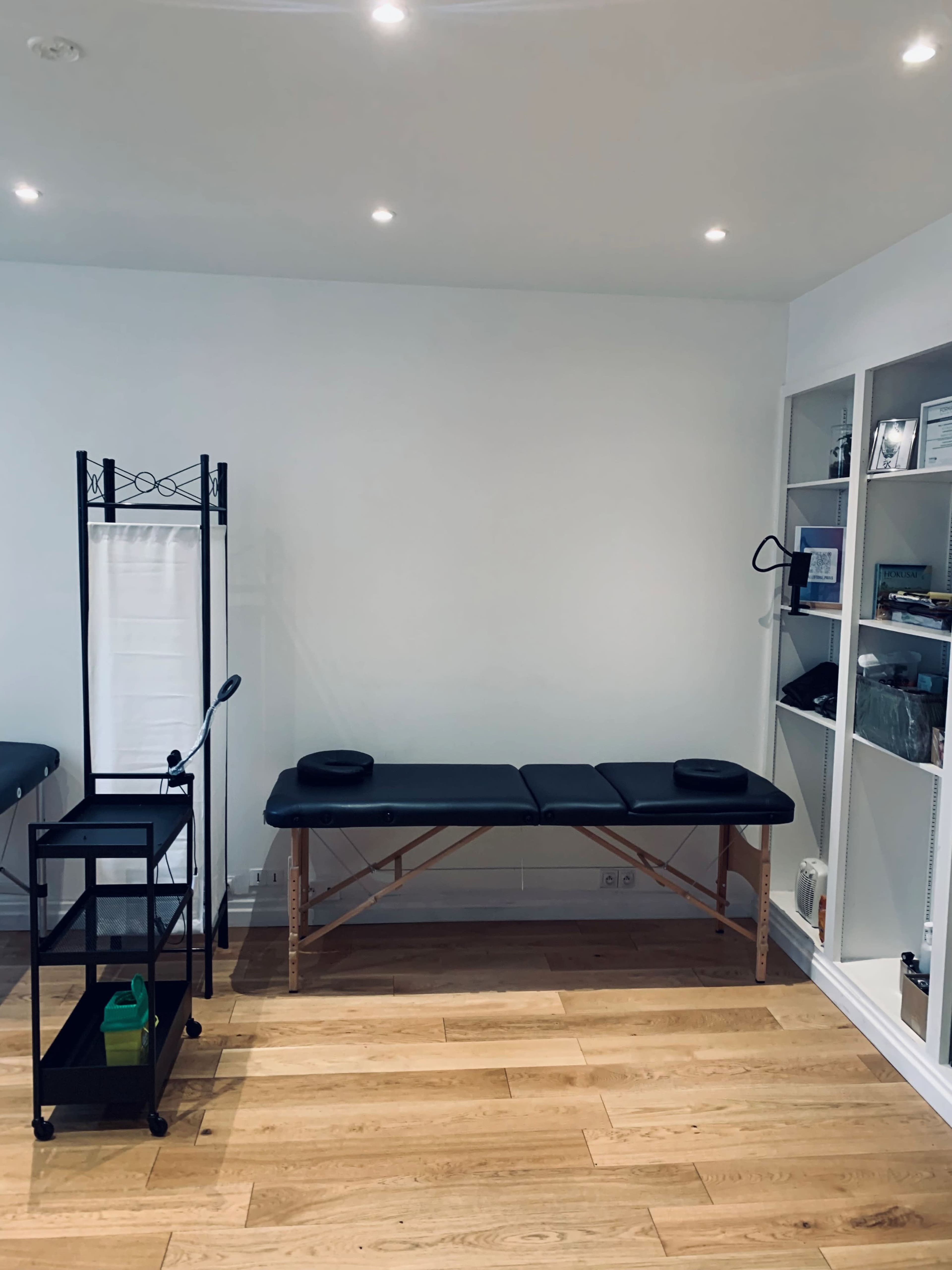 A clean therapy room featuring a treatment table, a cart with supplies, and shelves displaying various items.