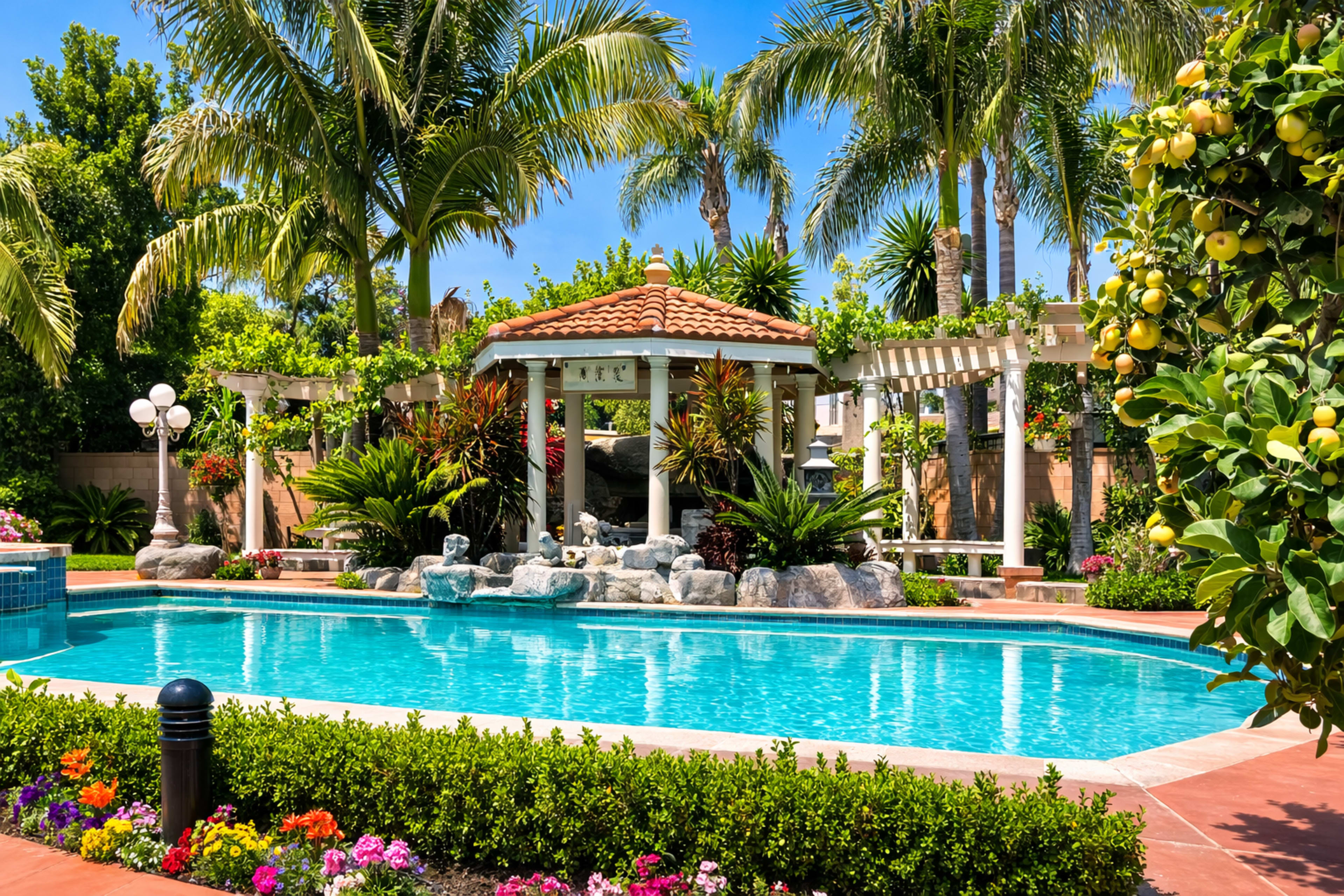 Private Tropical Pool Backyard with Gazebo & Palm Trees Image in Arcadia, Arcadia, CA