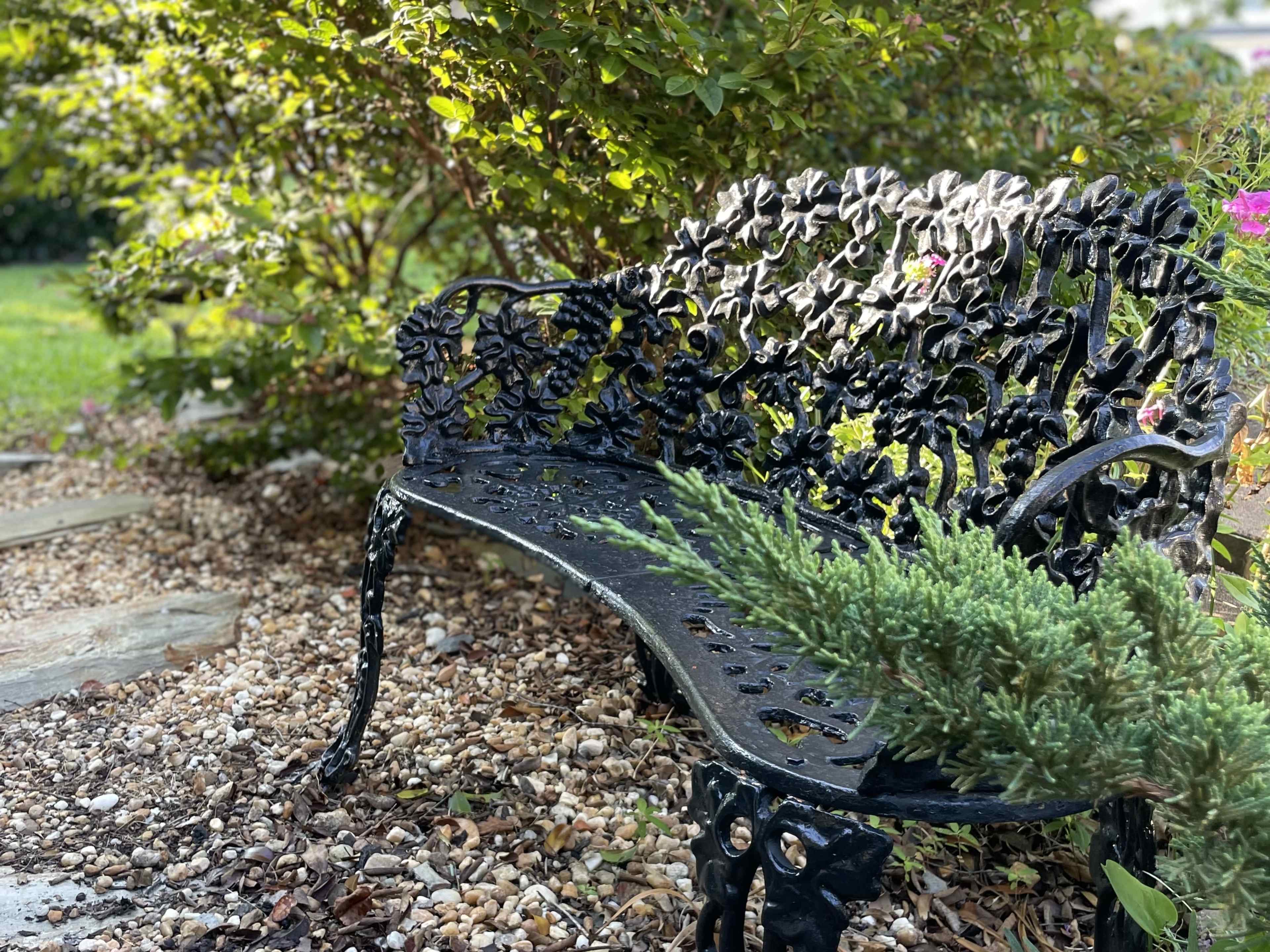 A decorative black iron bench is positioned among gravel and greenery in a garden setting.