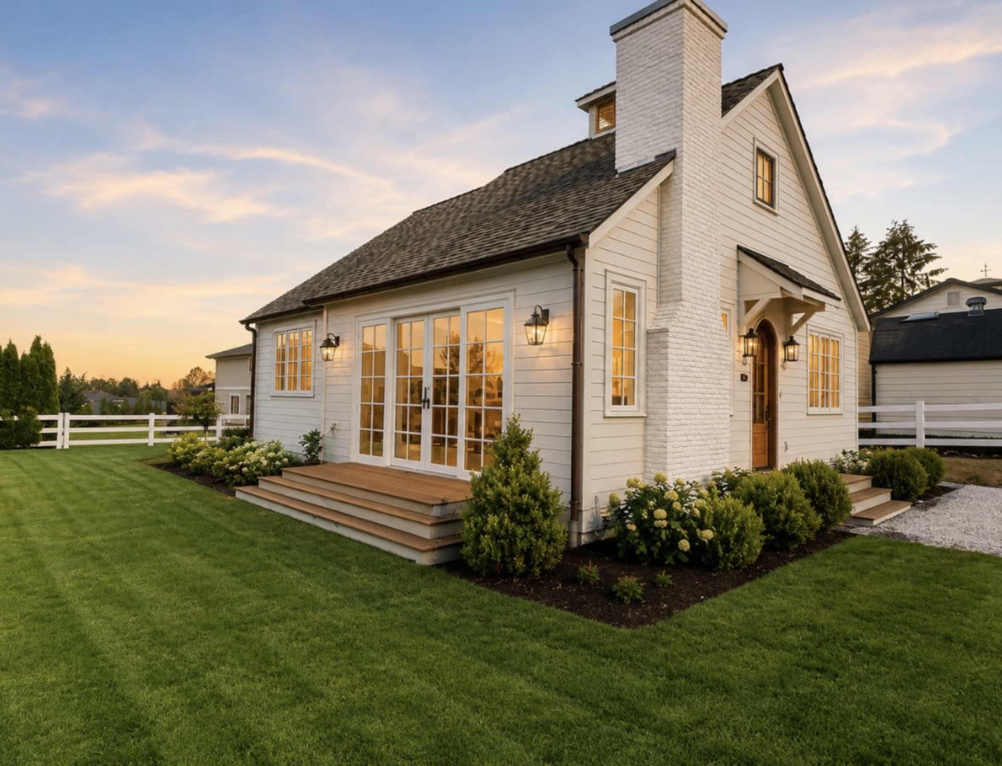 A modern farmhouse features a wooden exterior, large windows, and a well-manicured lawn with flower beds in the foreground.