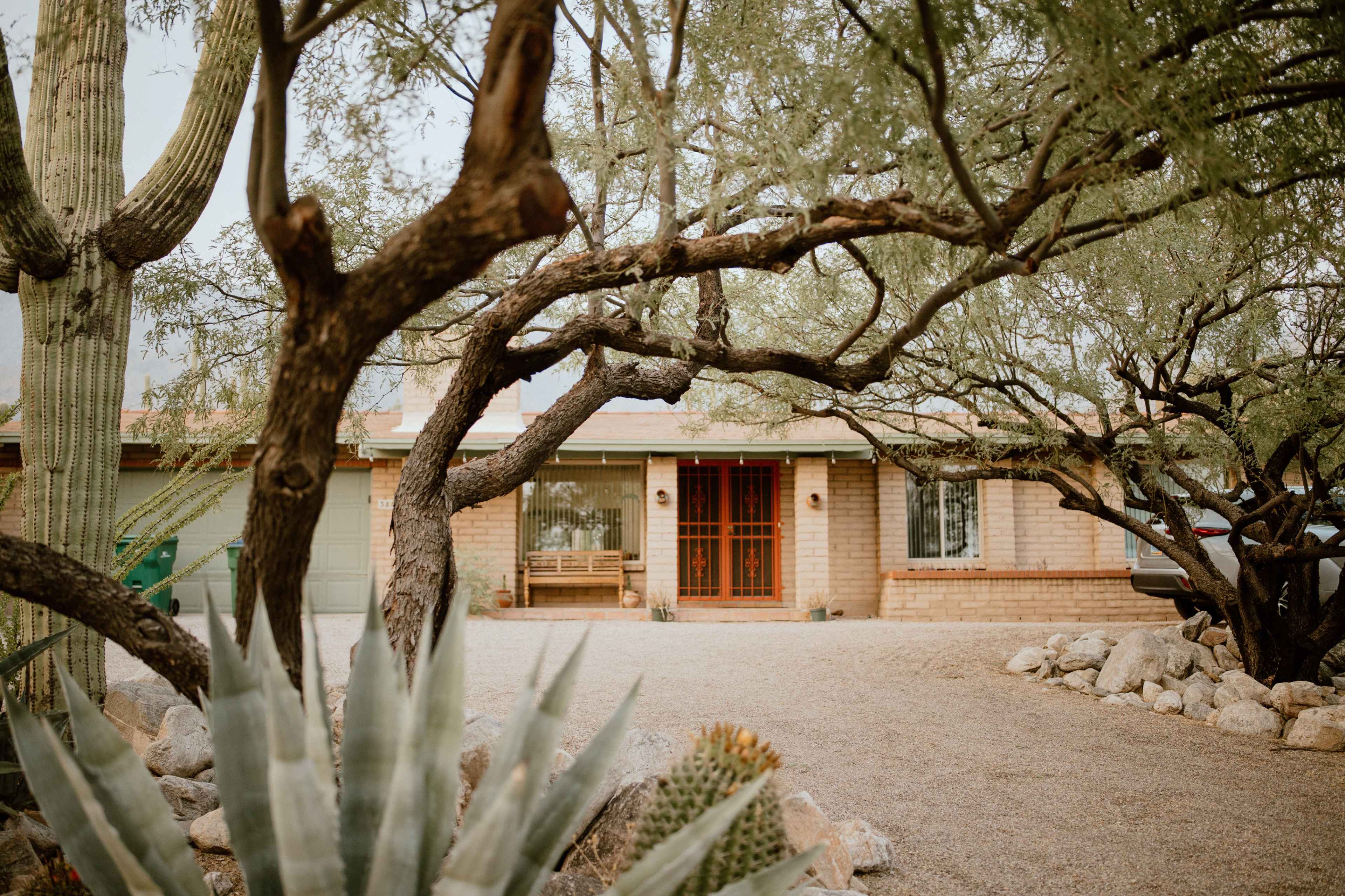 A southwestern-style brick house with a wooden front door is surrounded by desert landscaping, including cacti and gravel.
