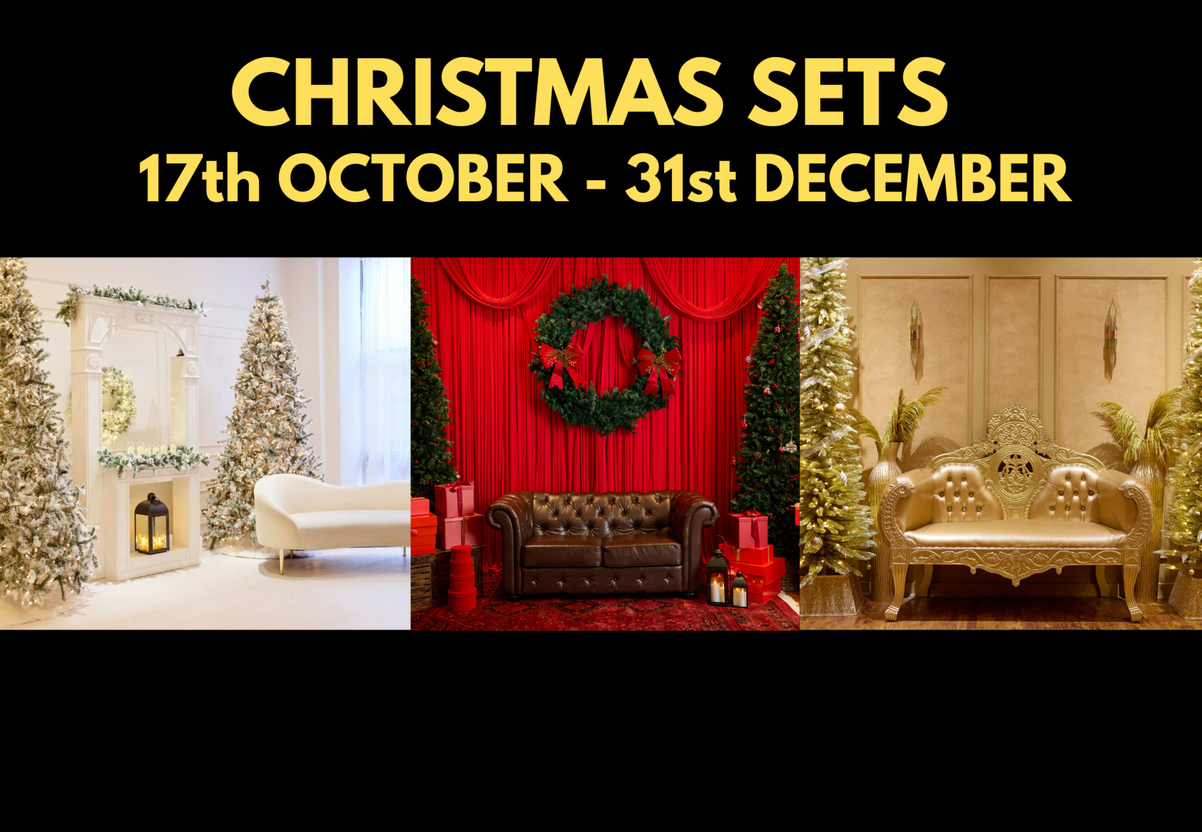The image features three festive Christmas set designs, showcasing decorated trees, a red backdrop with greenery, and luxurious seating.