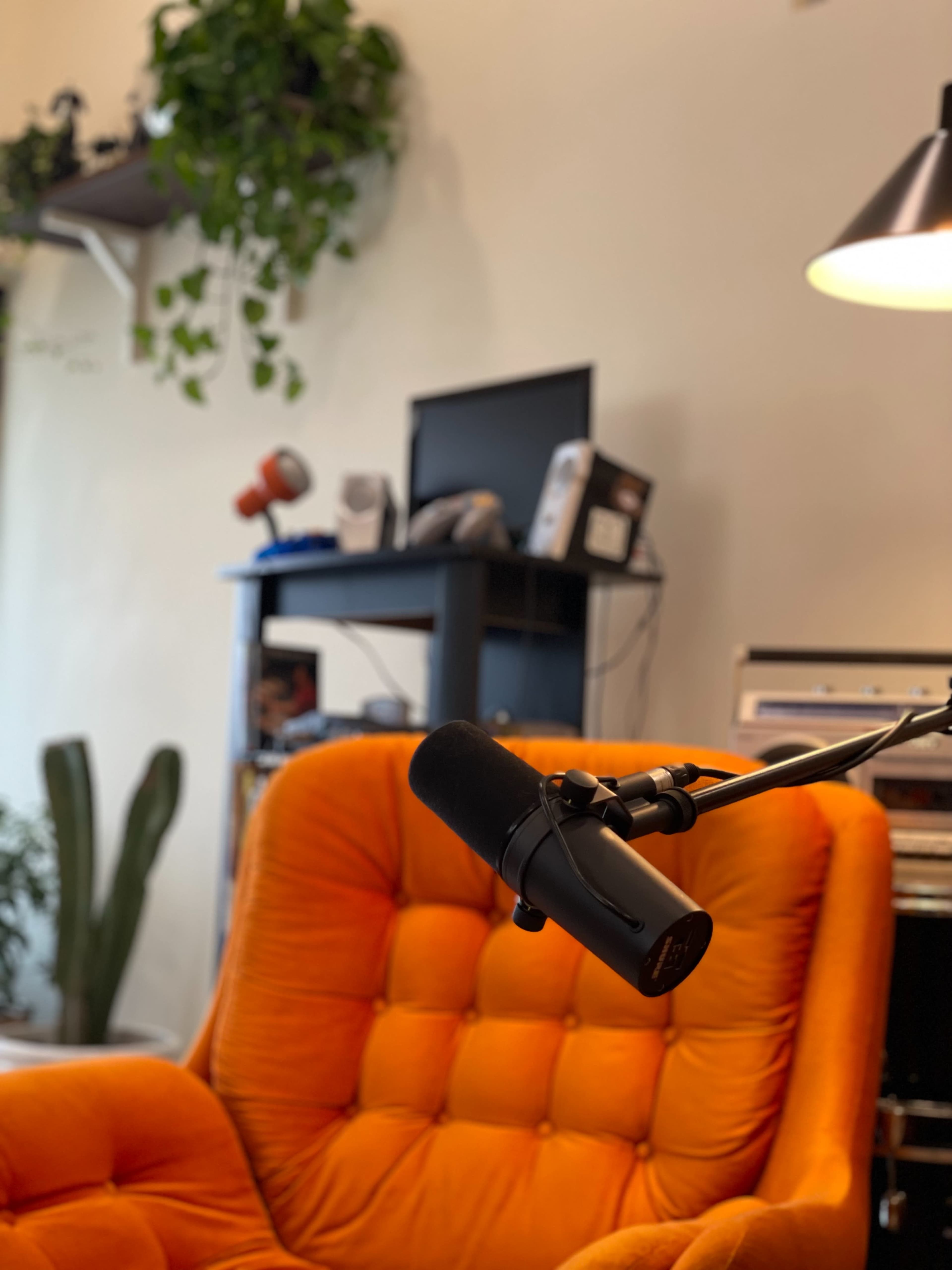 A vibrant orange chair is positioned in a room featuring a microphone on a stand, a shelf with plants, and a low table with various items.